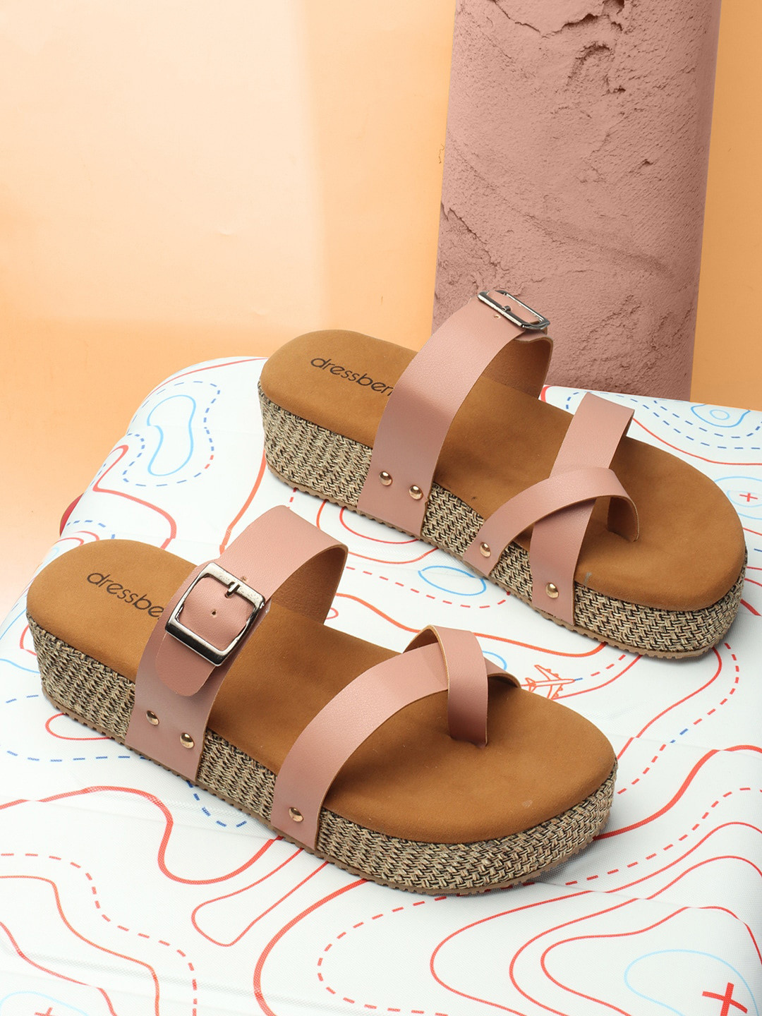 DressBerry Peach-Coloured & Beige Buckle Detail One Toe Flatform Heels