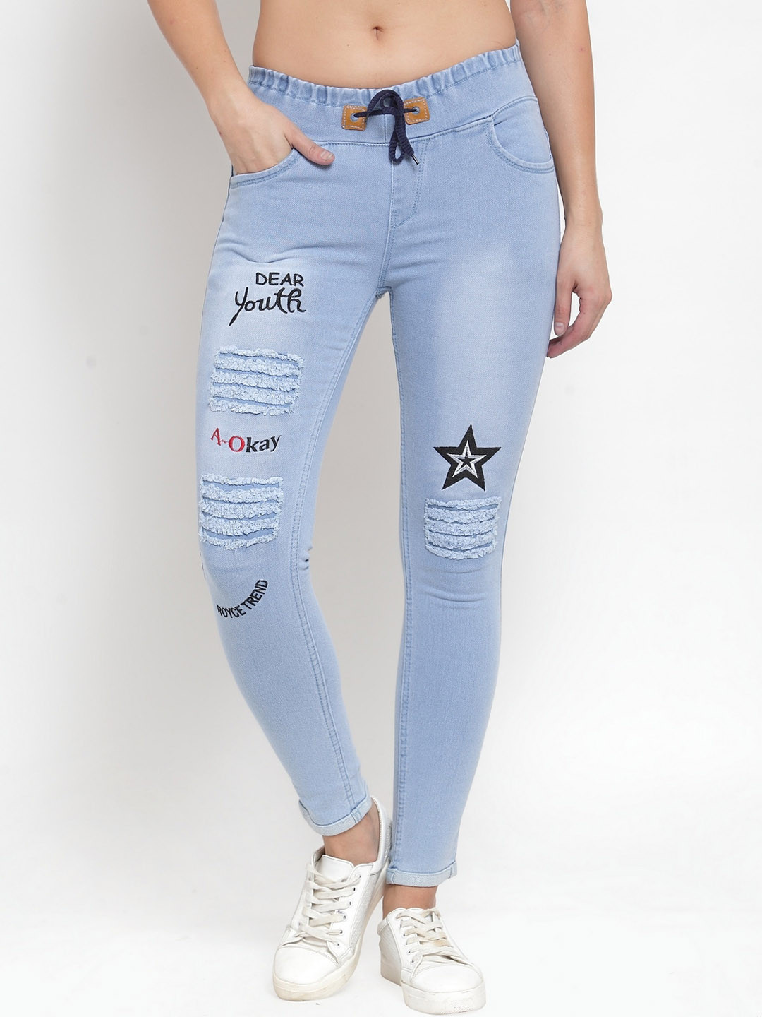A-Okay Girls Distressed Comfort Embroidered Cotton Slim Fit Jeans