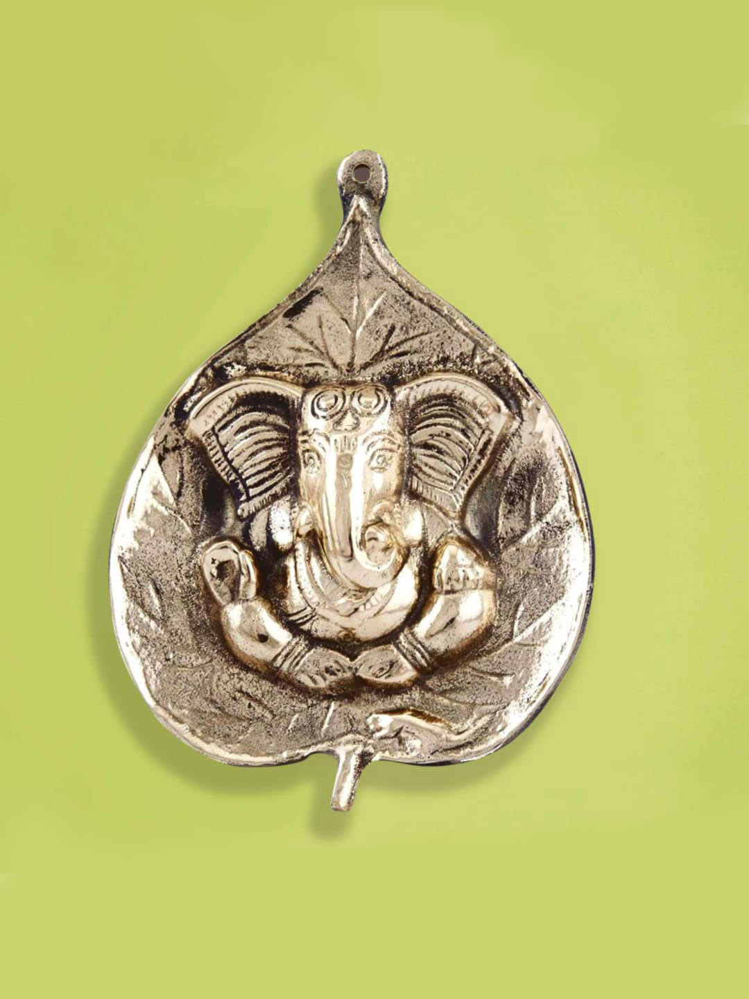 StyleMyWay Lord Ganesha on Leaf Wall Hanging Brass Antique Spiritual Wall Decor-8In