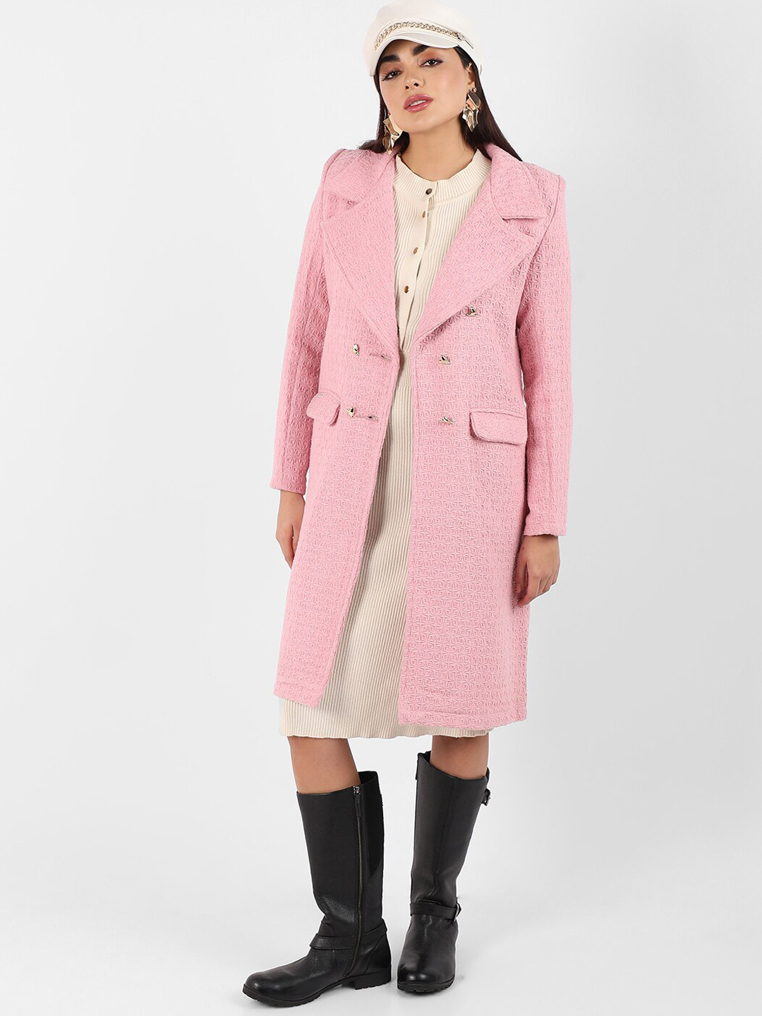 Campus Sutra Pink Self Design Double-Breasted Notched Lapel Longline Overcoat