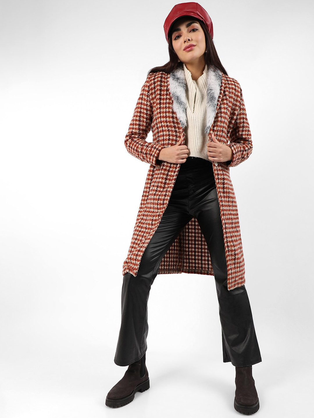 Campus Sutra Brown Checked Single-Breasted Faux Fur Trim Shawl Collar Longline Overcoat
