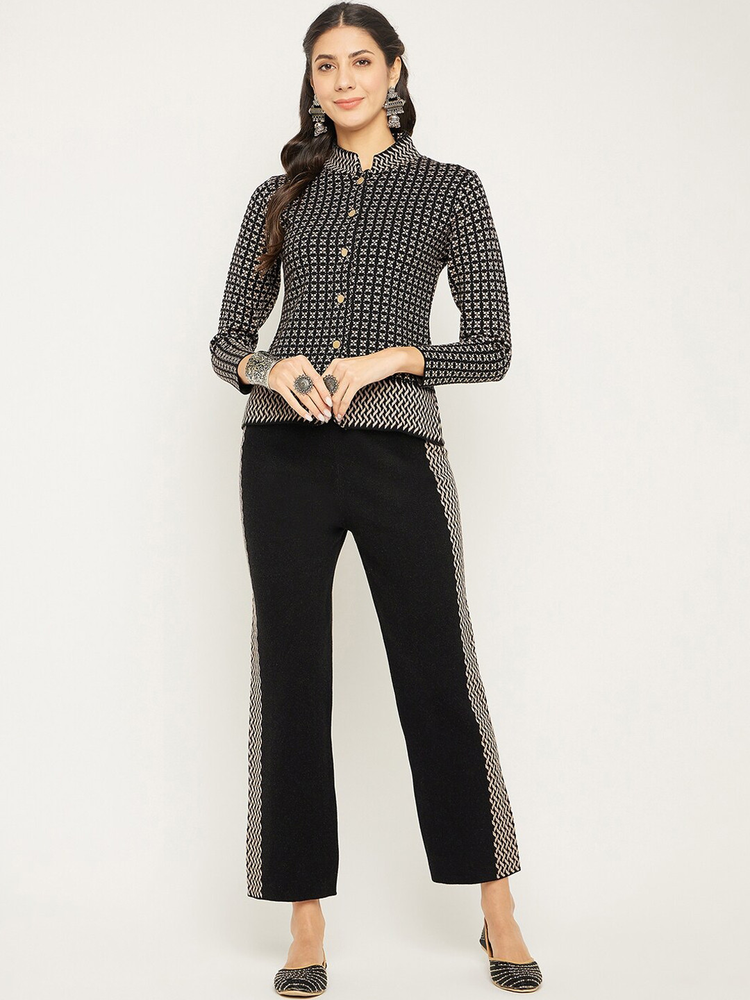 Zigo Self-Design Mandarin Collar Top With Trouser