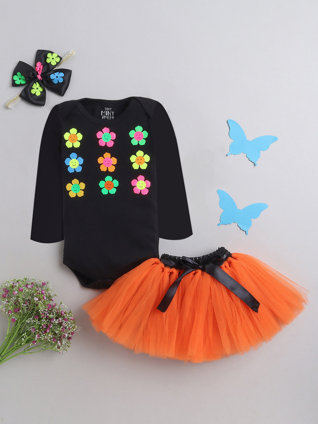 TINY MINY ME Infant Girls Printed Long Sleeves Body Suit Style Top With Skirt And Bow