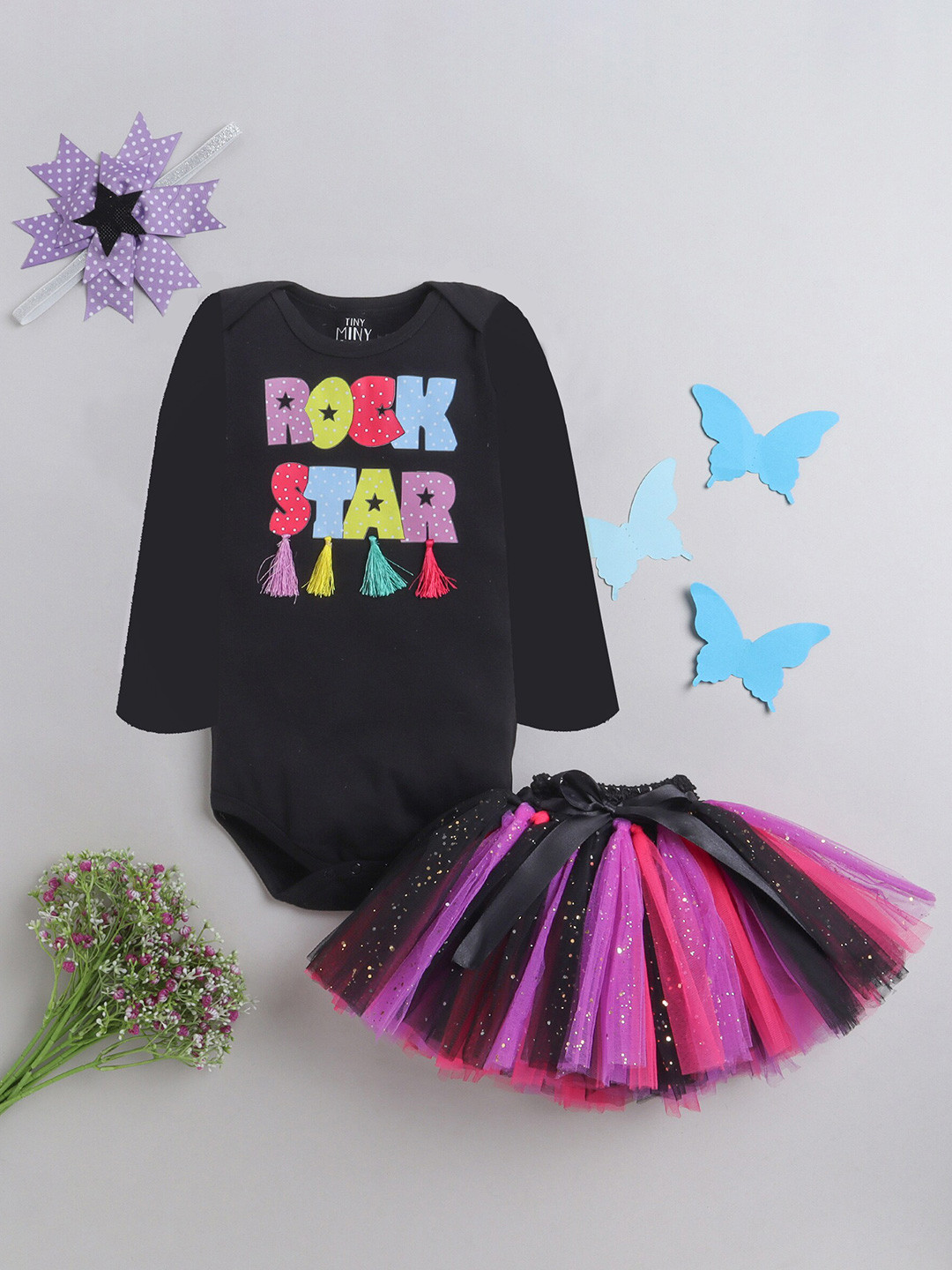 TINY MINY ME Infant Girls Printed Body Suit Style Top With Embellished Skirt And Bow