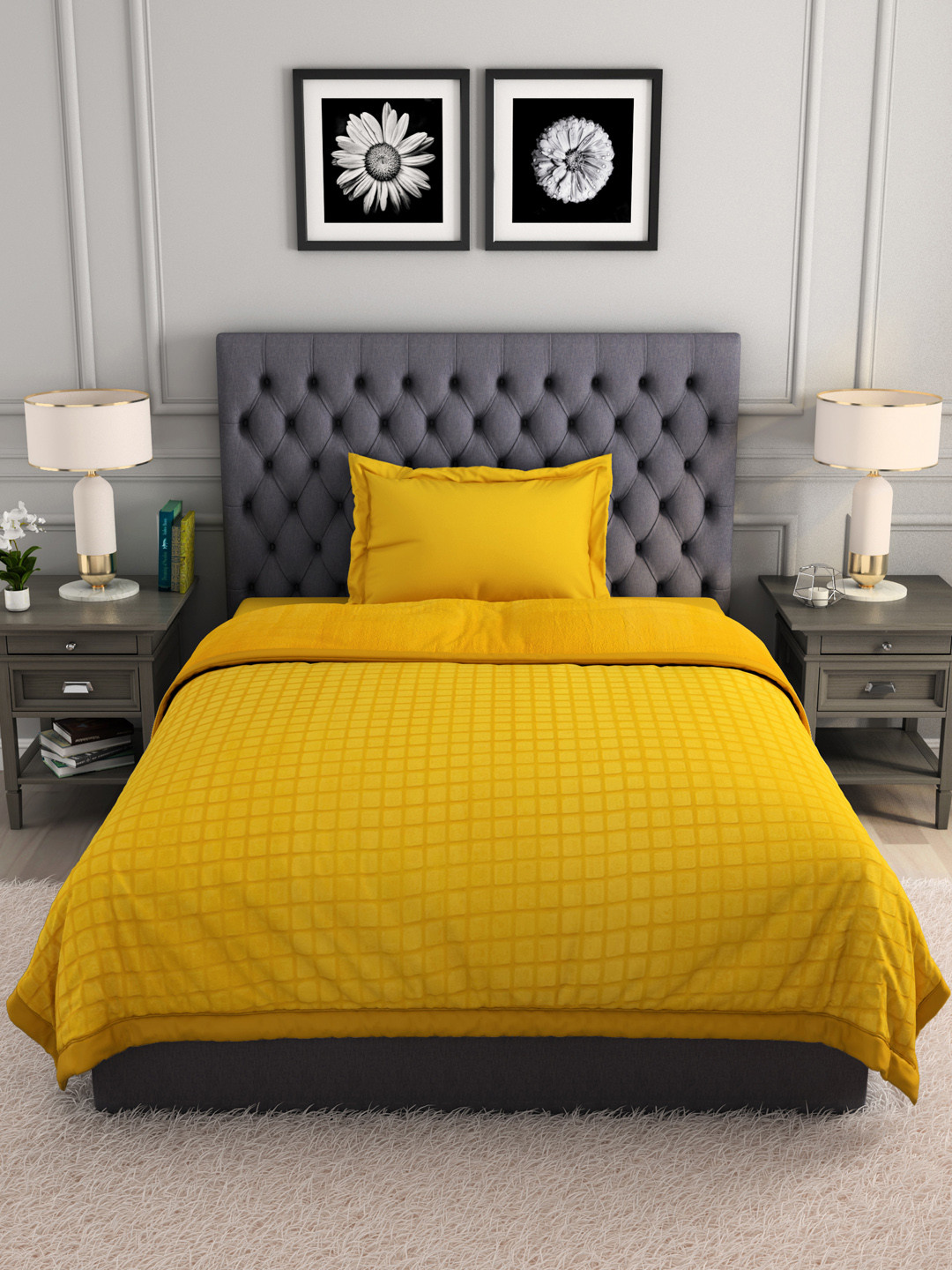 SPACES Haven Yellow Checked AC Room 350 GSM Single Bed Blanket