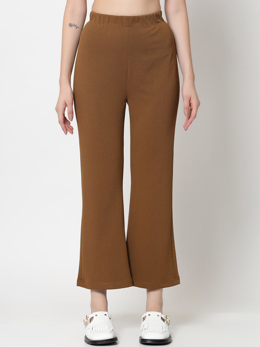 OFFICE & YOU Women Loose Fit Mid-Rise Easy Wash Acrylic Cropped Bootcut Trouser