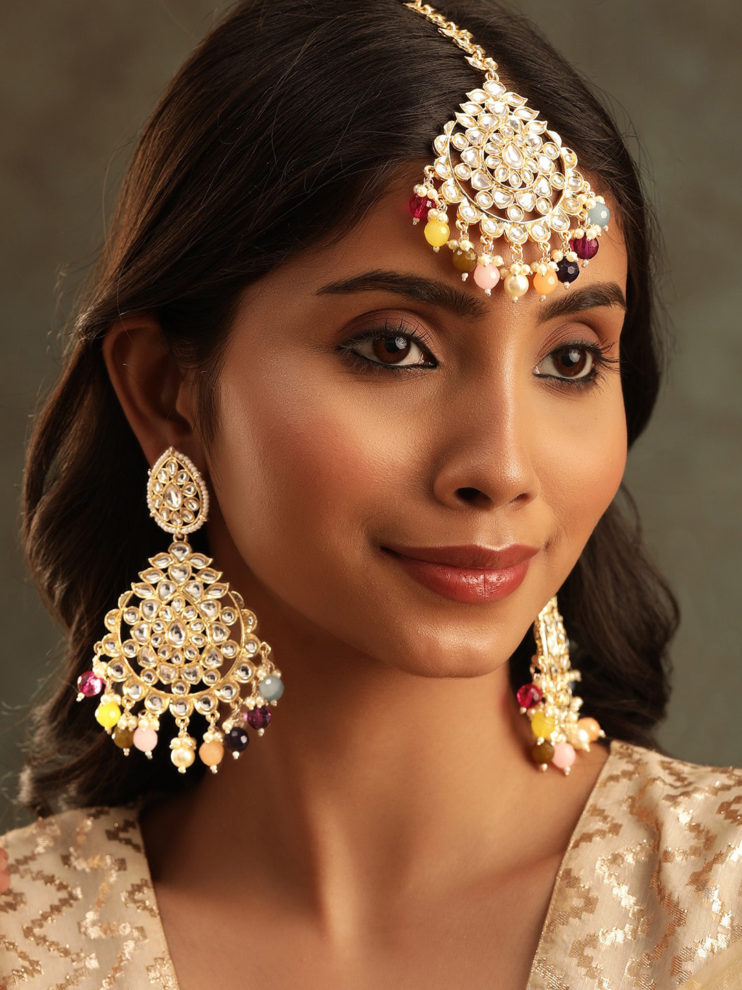 RUBANS 22K Gold-Plated Kundan Multi-Color Pearl Beaded Maang Tika & Earrings Set