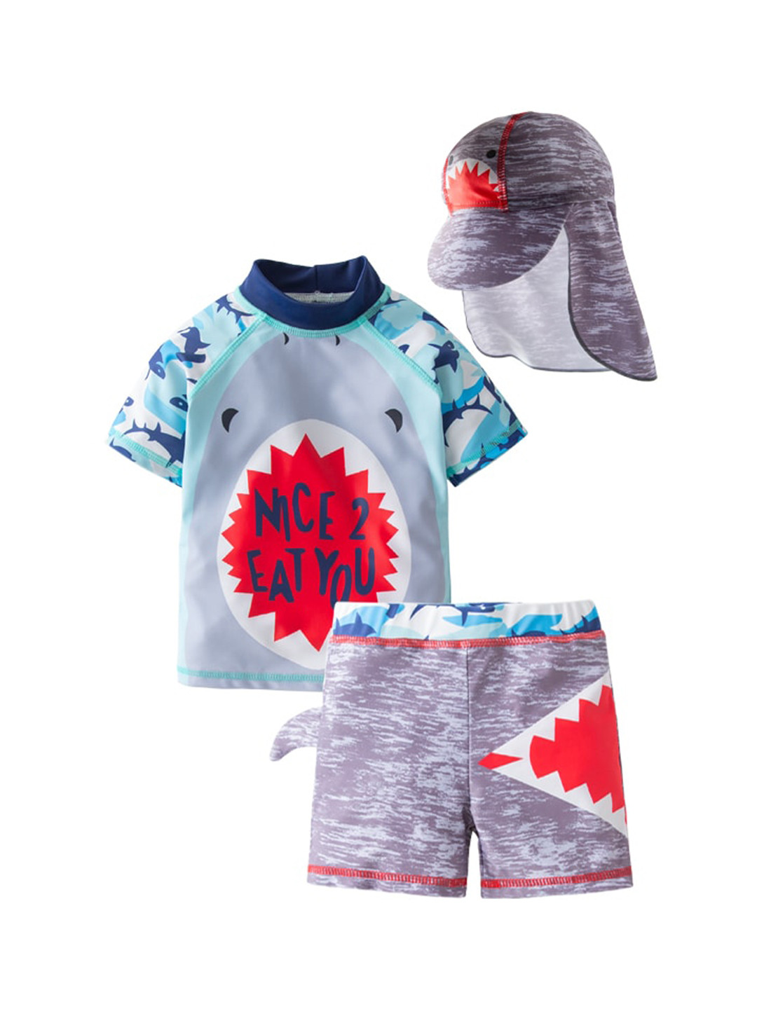 StyleCast Grey & Red Boys Printed Swim Set With Cap