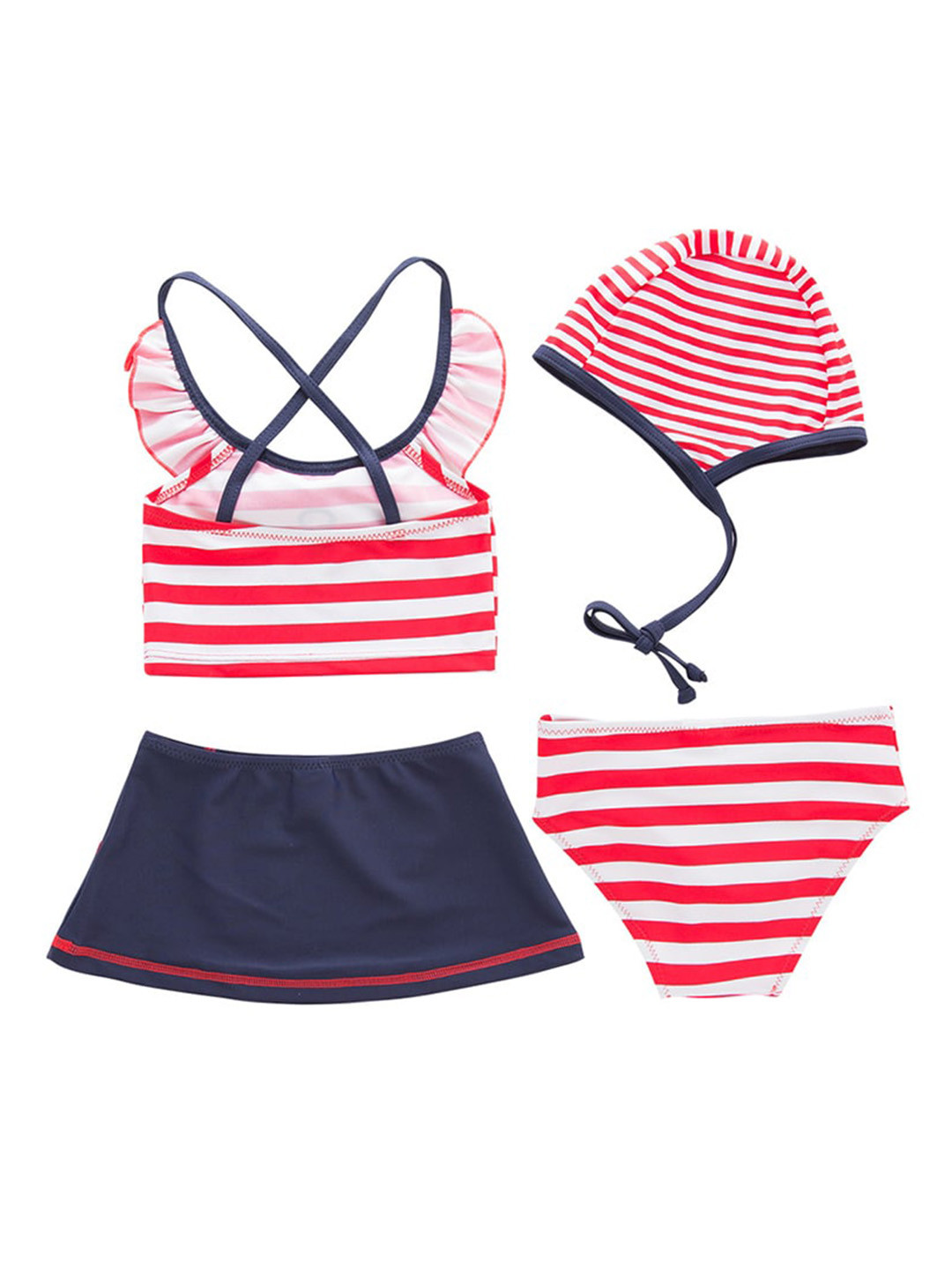 StyleCast Red Girls Striped Shoulder Straps Sleeveless Crop Top Skirt With Brief & Cap