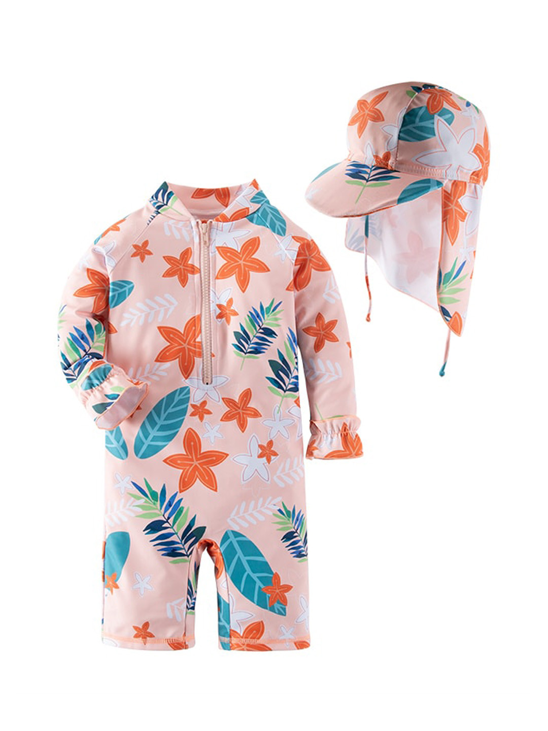 StyleCast Girls Pink & Orange Printed Swim Legsuit With Swim Cap