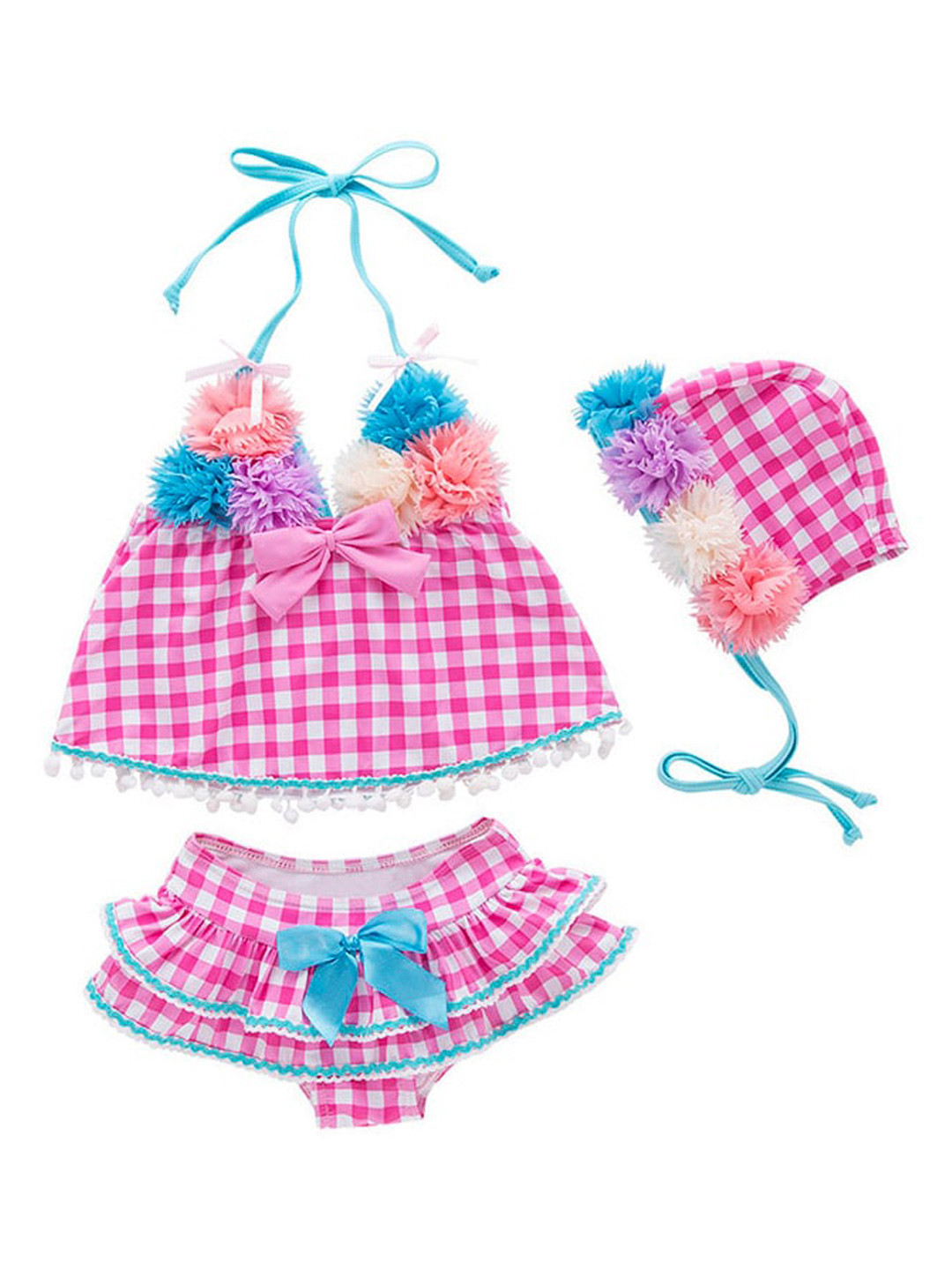 StyleCast Girls Pink & Blue Checked Swim Bikini Set With Swim Cap
