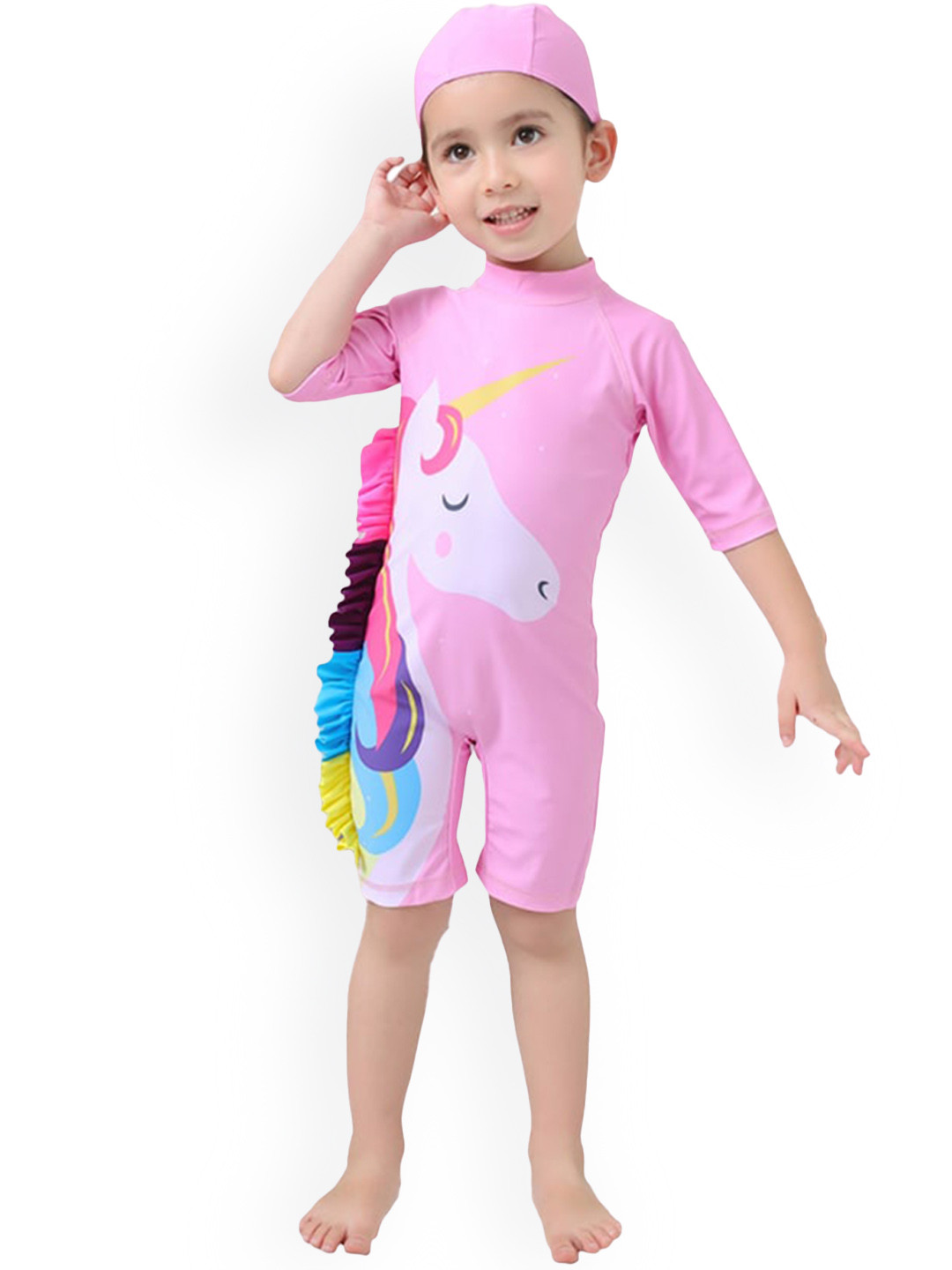 StyleCast Girls Pink Printed Legsuit With Swim Cap