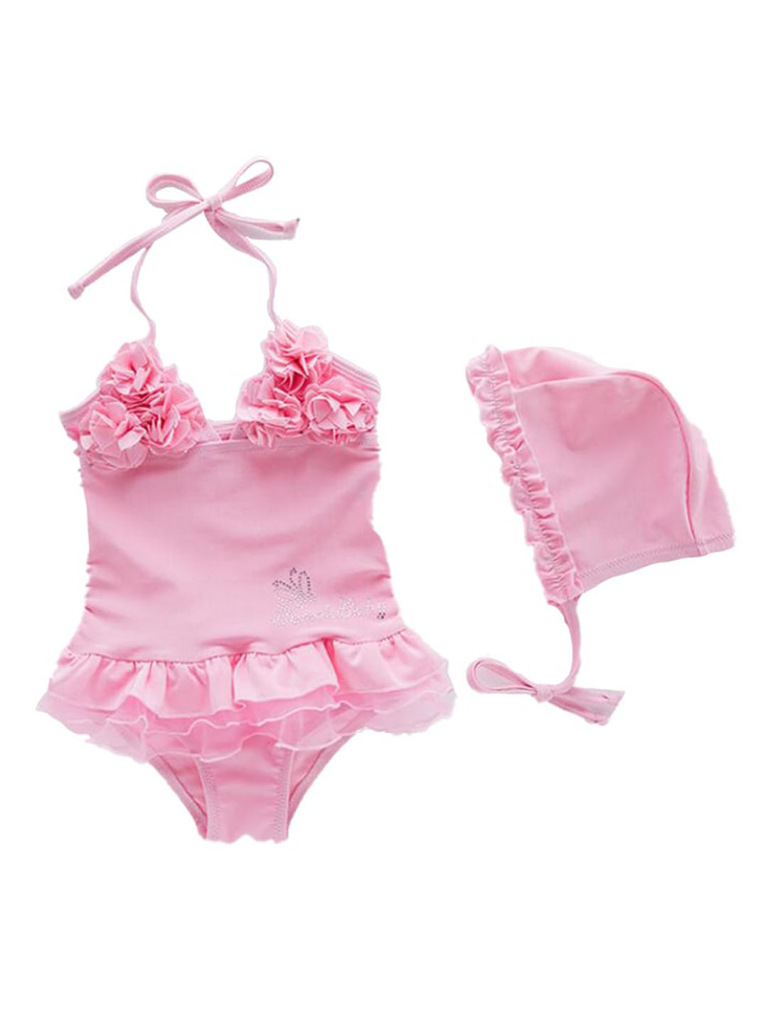 StyleCast Girls Pink Halter Neck Ruffled Bodysuit Swimwear With Cap