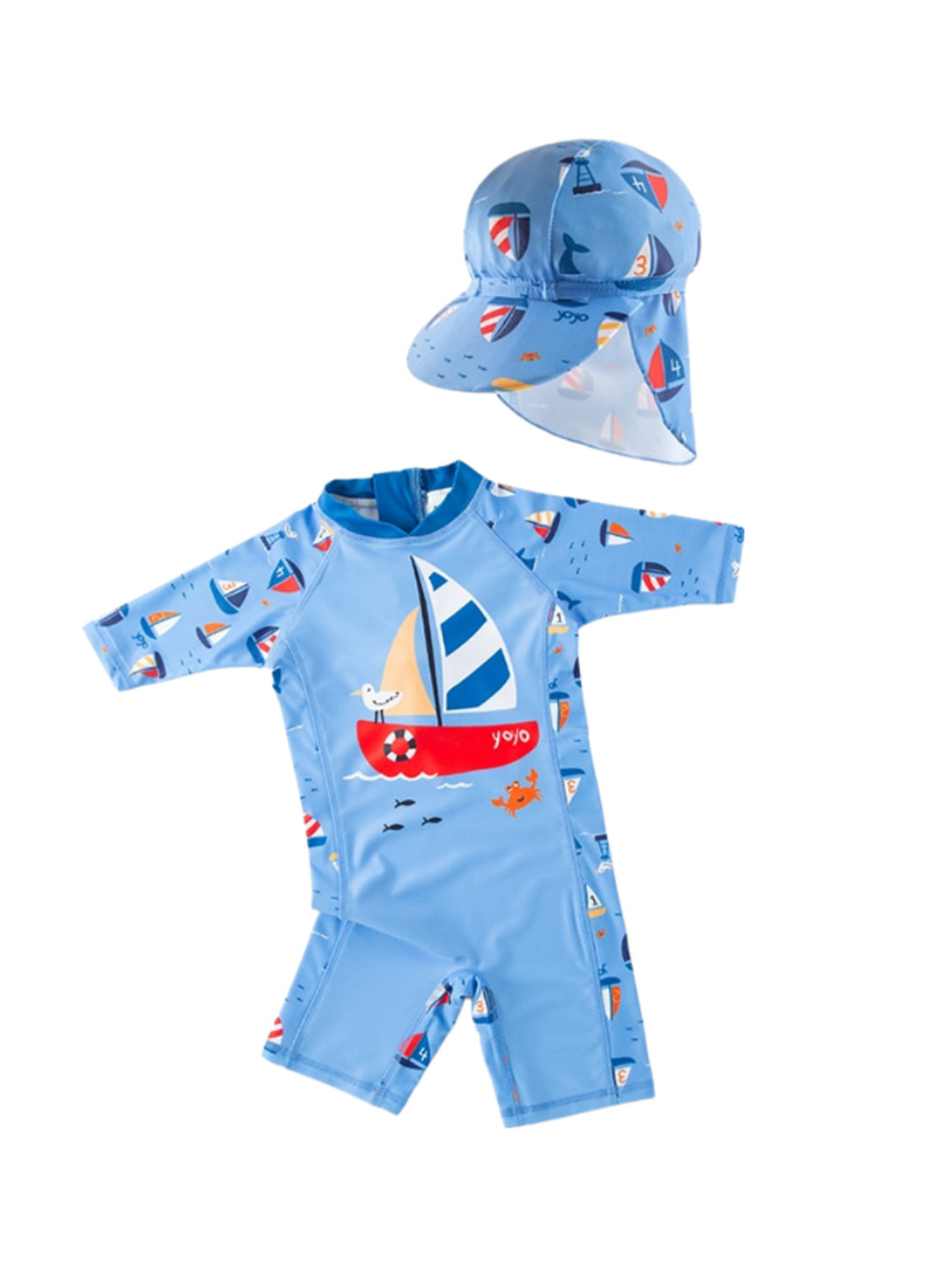 StyleCast Boys Blue Boat Printed Mock Neck Legsuit With Cap
