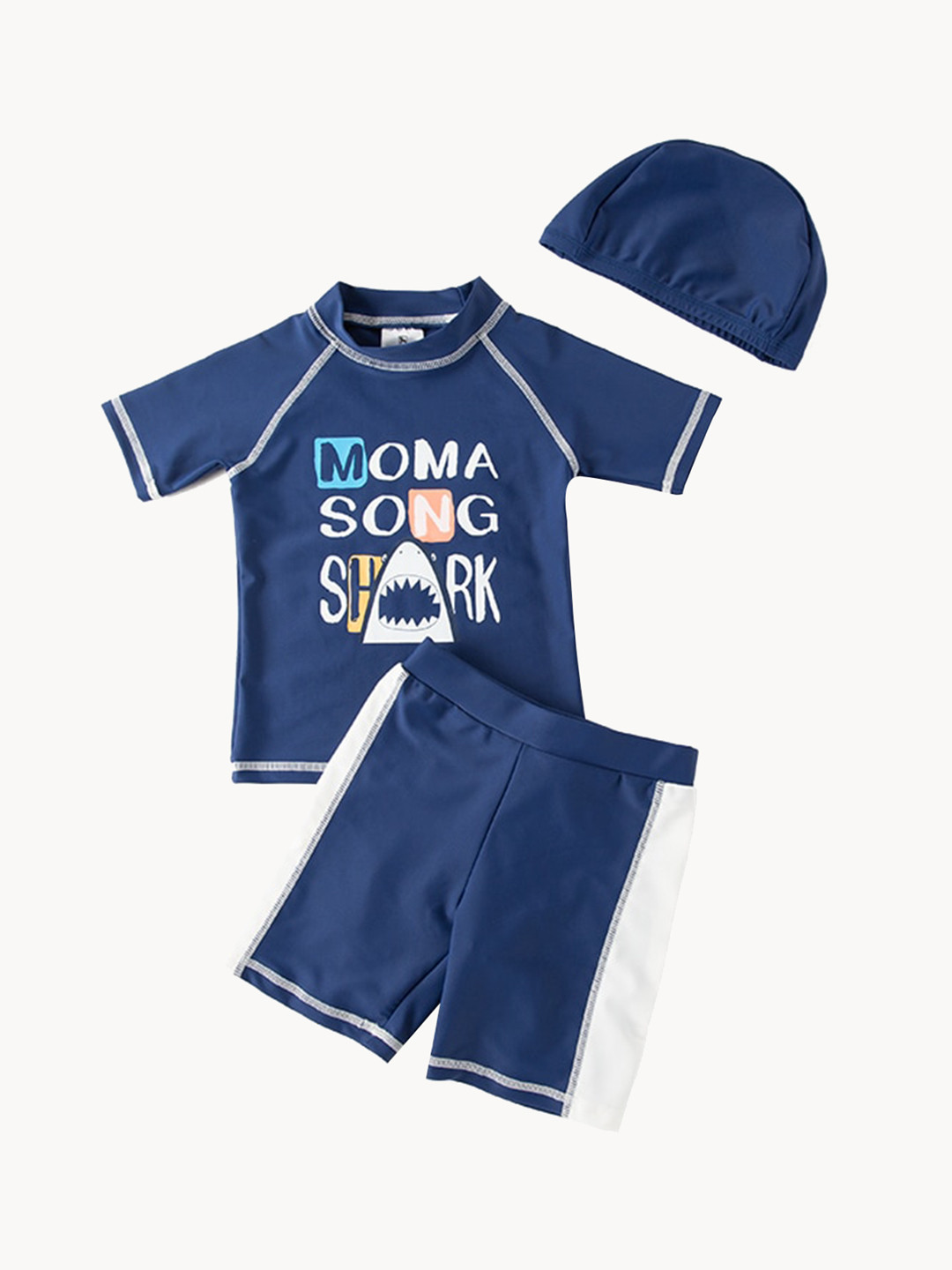 StyleCast Navy Blue & White Boys Typography Printed Swim Set With Cap