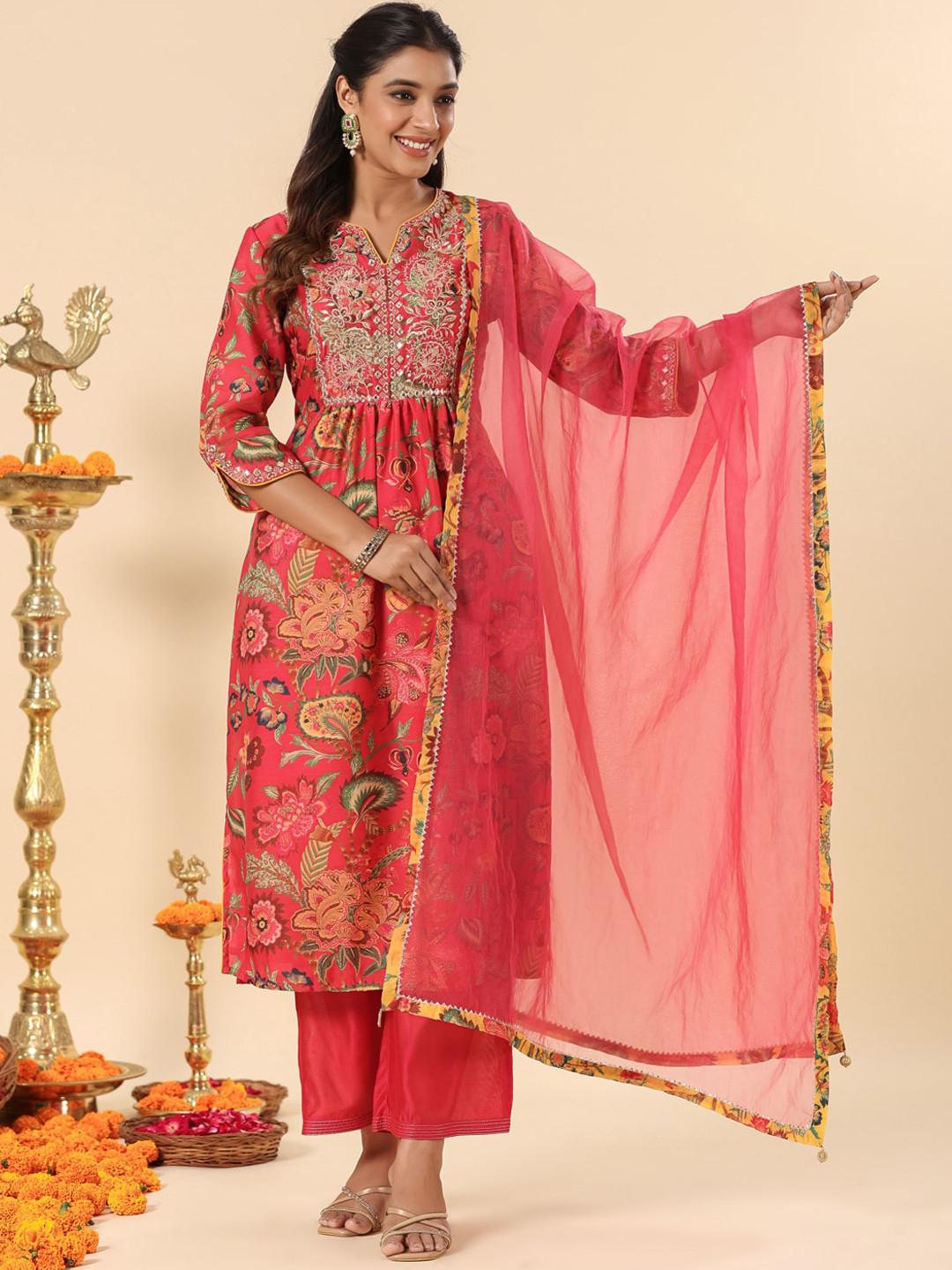 SAVI Coral Embroidered Chanderi Kurta Set With Dupatta