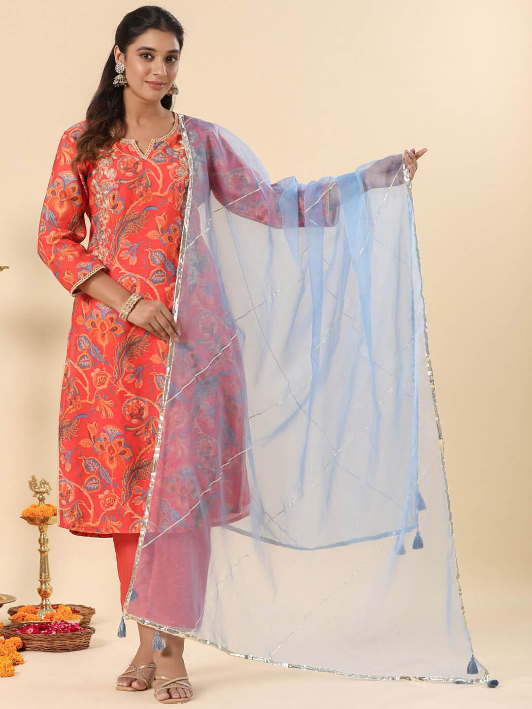 SAVI Coral Printed Straight Chanderi Kurta Set with Dupatta