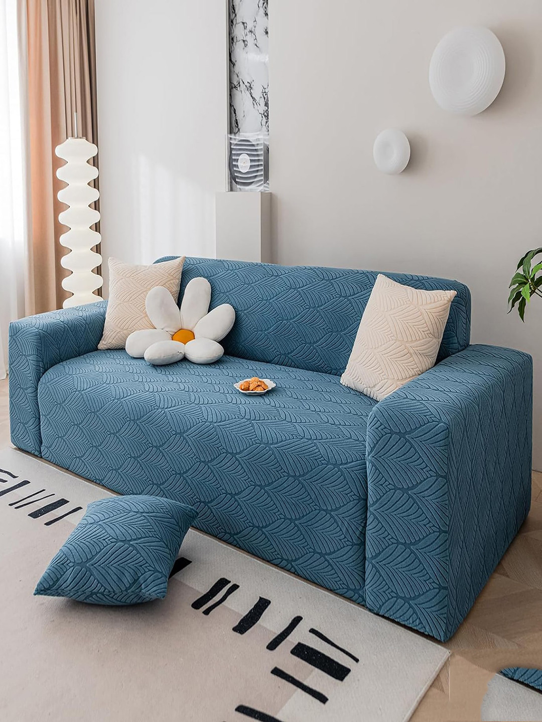 HOUSE OF QUIRK Blue Leaf Textured Jacquard Flexible Stretch Double Seater Sofa Cover