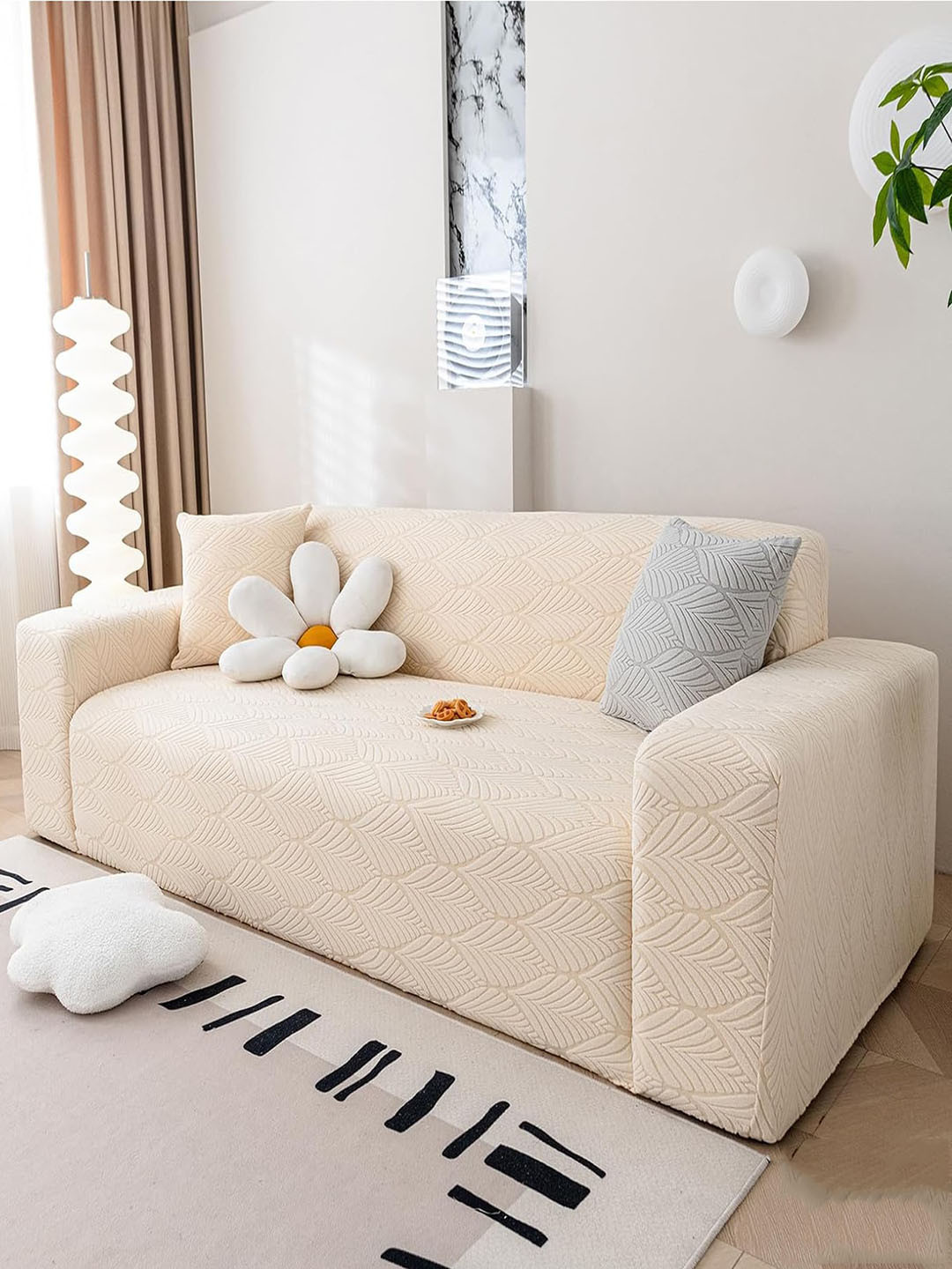 HOUSE OF QUIRK Beige Leaf Textured  Jacquard Flexible Stretch Single Seater Sofa Cover