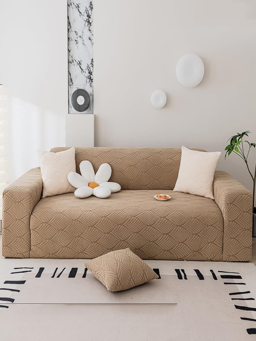 HOUSE OF QUIRK Brown Leaf Textured Jacquard Flexible Stretch 3 Seater Sofa Cover