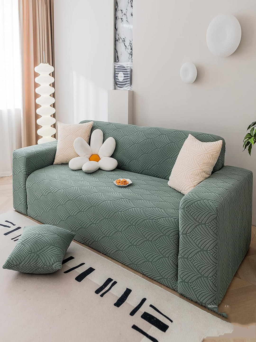 HOUSE OF QUIRK Green Leaf Textured Flexible Stretchable Sofa Slip Cover