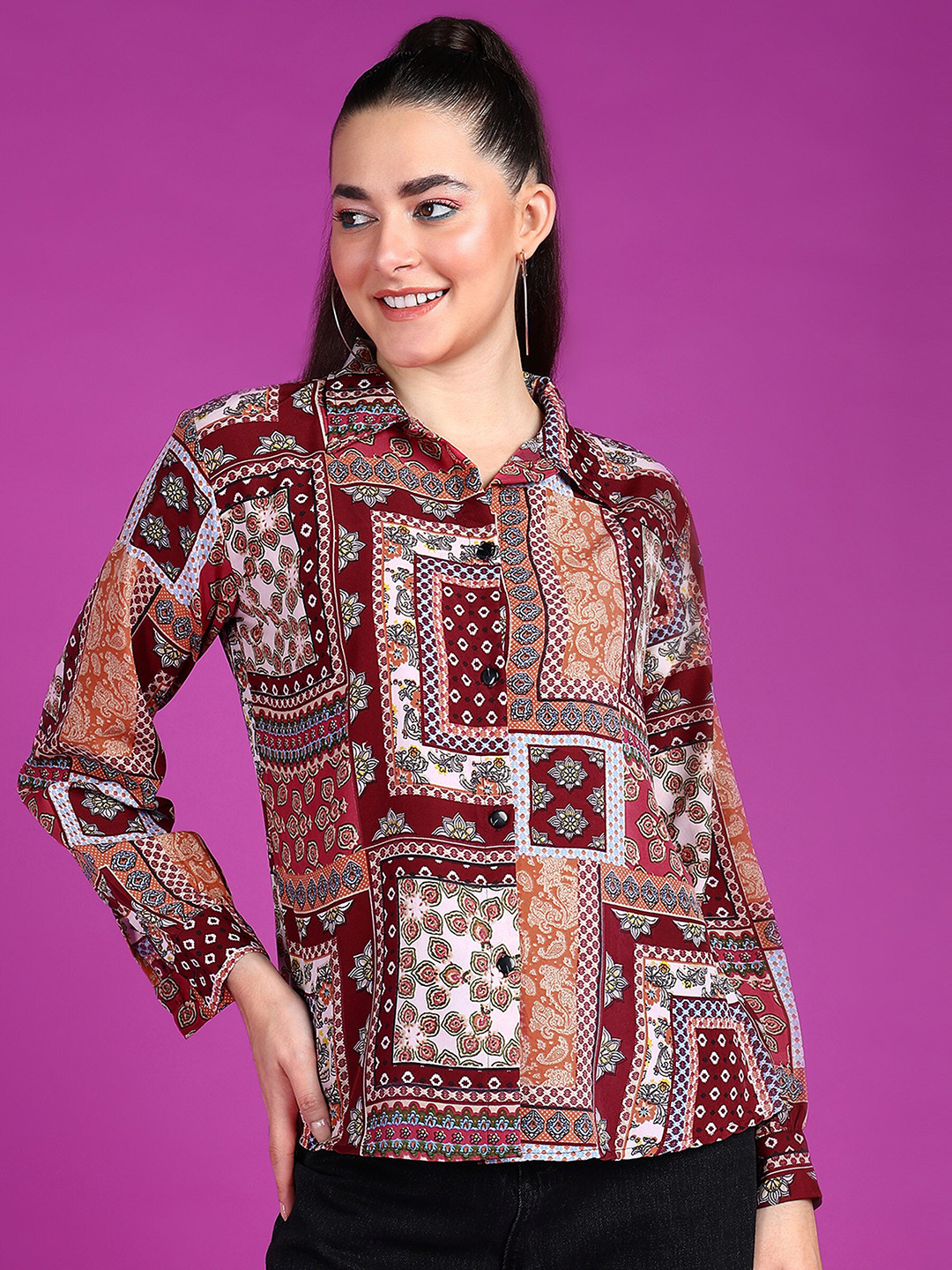 Popwings Smart Boho Printed Crepe Casual Shirt