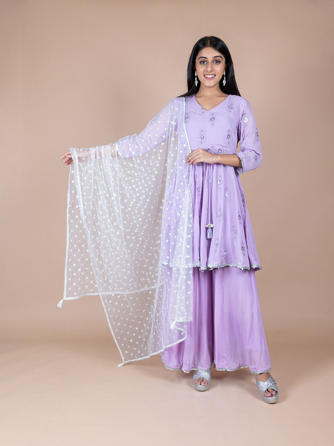 KASYA Ethnic Motifs Embroidered Net Dupatta with Gotta Patti