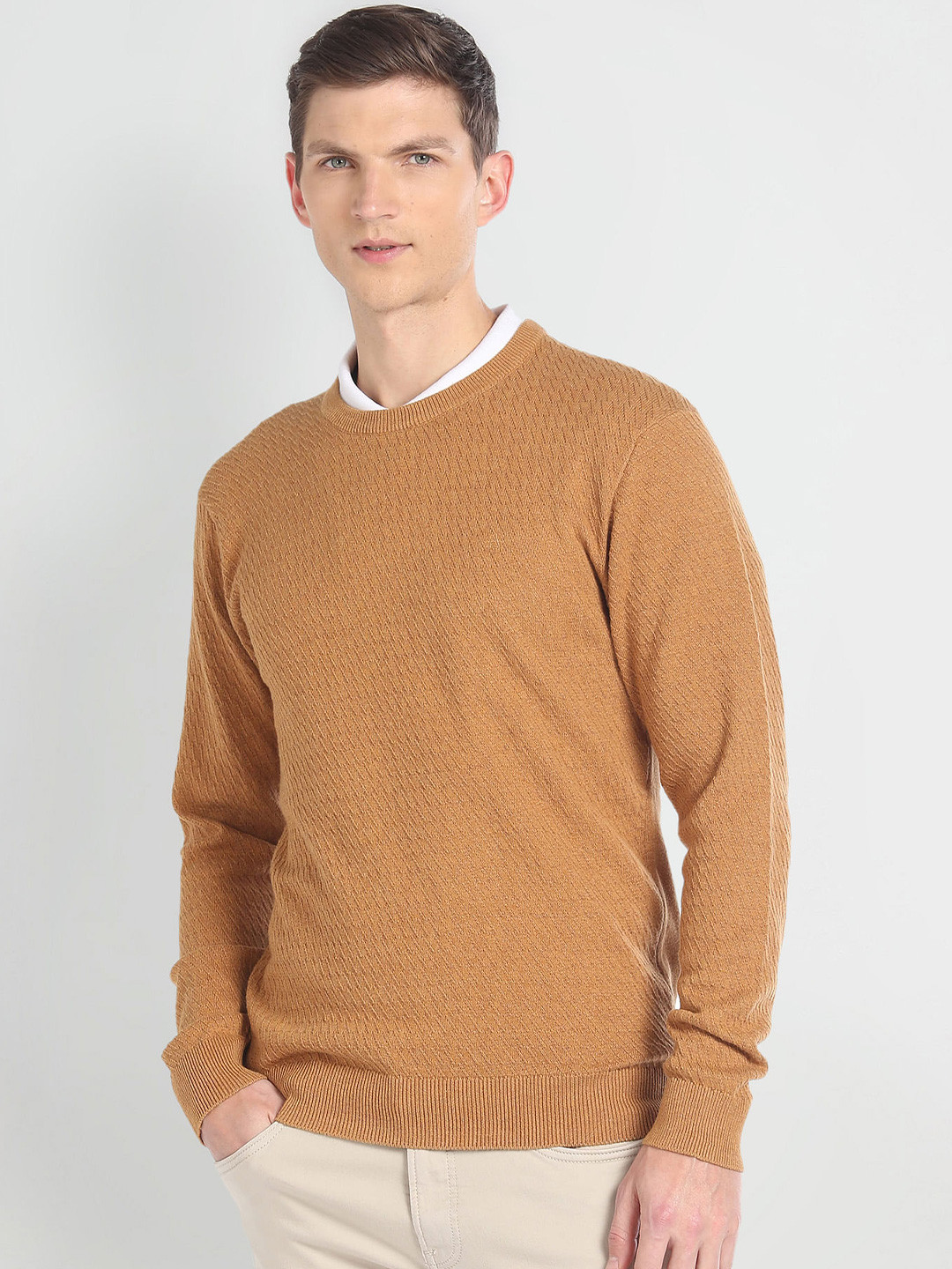 Arrow Cable Knit Round Neck Long Sleeves Cotton Pullover Sweater