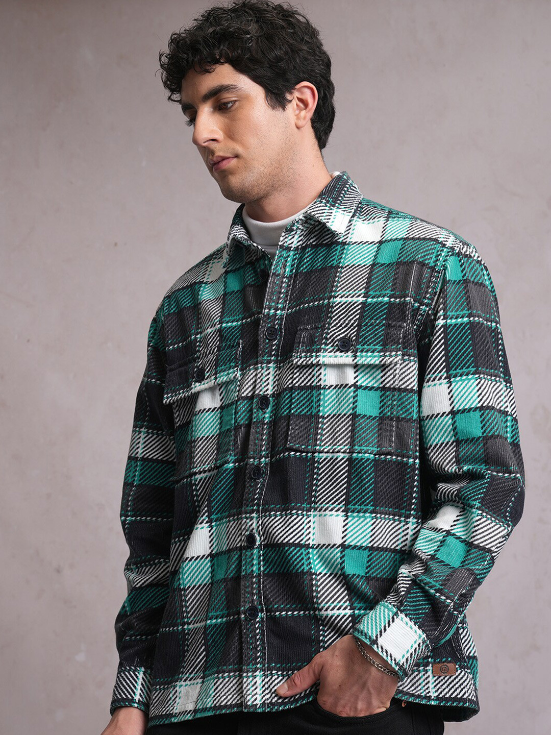 Locomotive Men Aqua Corduroy Checked Utility Pocket Overshirt