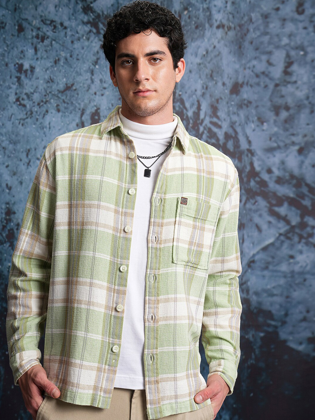 Locomotive Men Off White/Green Dobby Textured Checked Overshirt