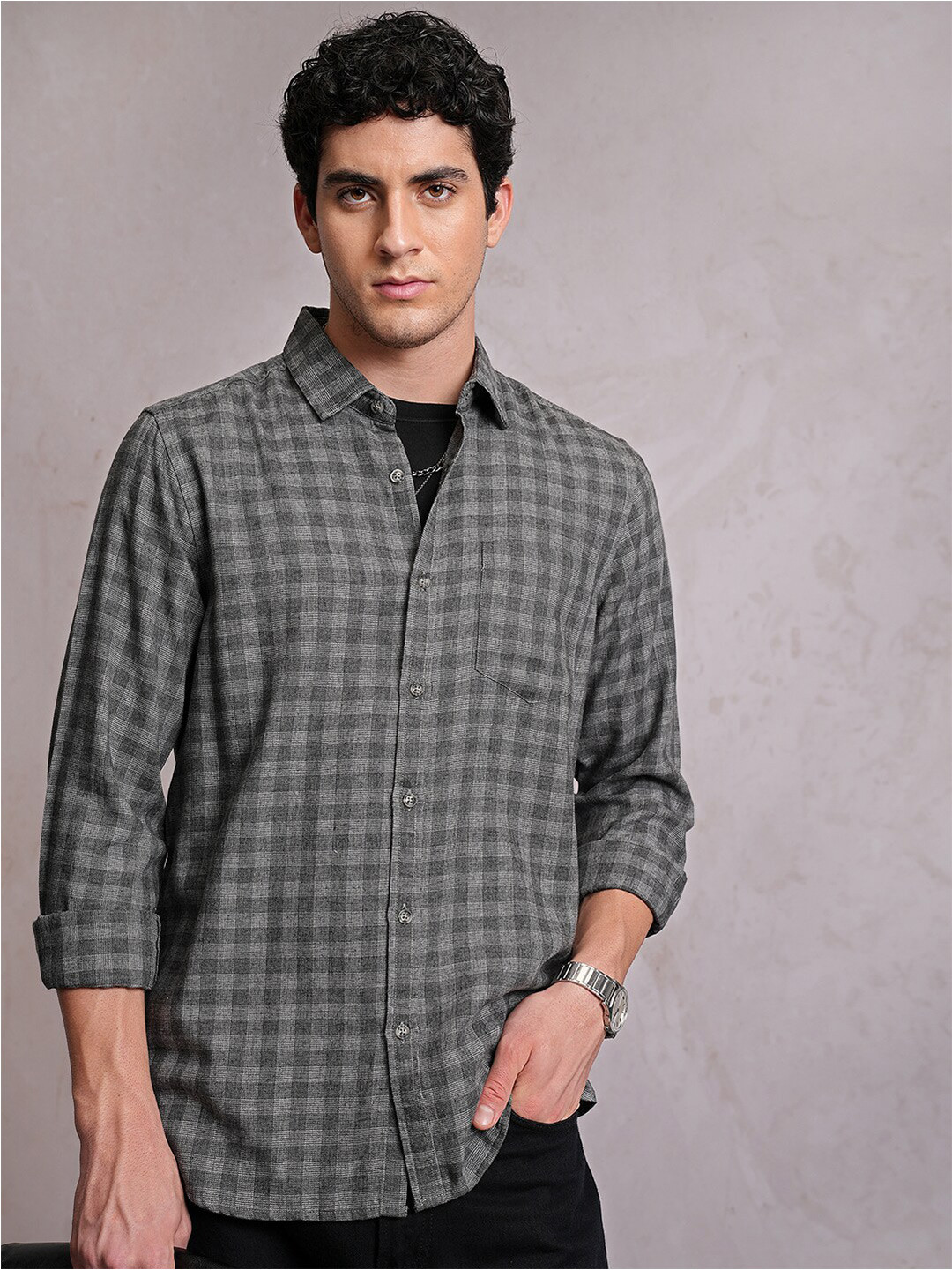 Locomotive Men Grey Linen Blend Textured Checked Regular Shirt