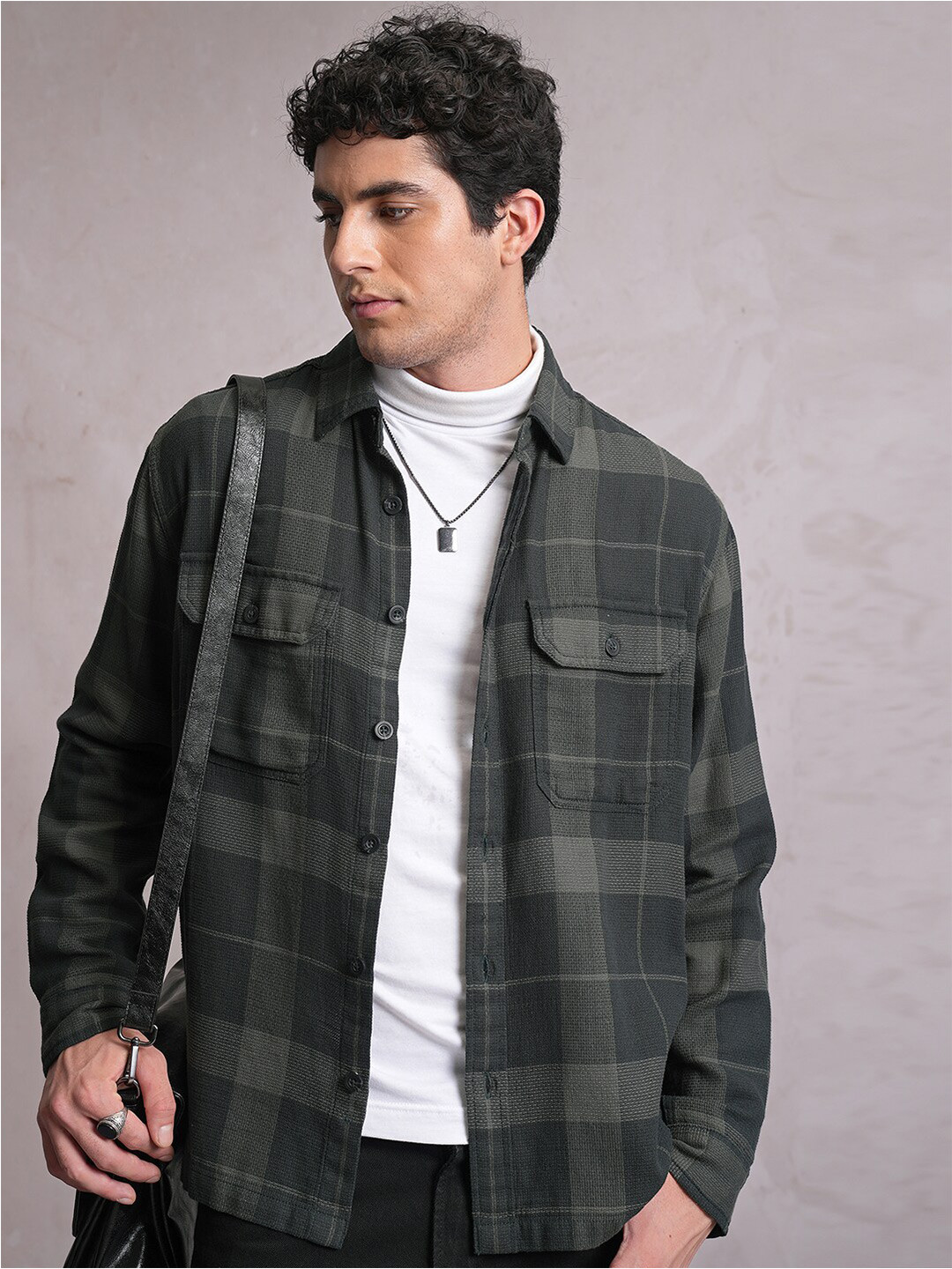 Locomotive Men Olive Dobby Textured Checked Utility Pocket Oversihrt - Oversized