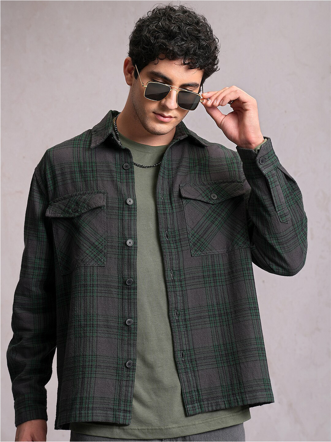 LOCOMOTIVE Dobby Textured Checked Utility Pocket Overshirt