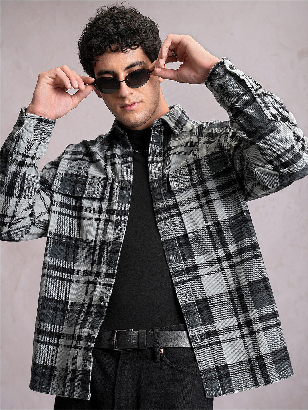 Locomotive Men Grey Corduroy Checked Utility Pocket Overshirt