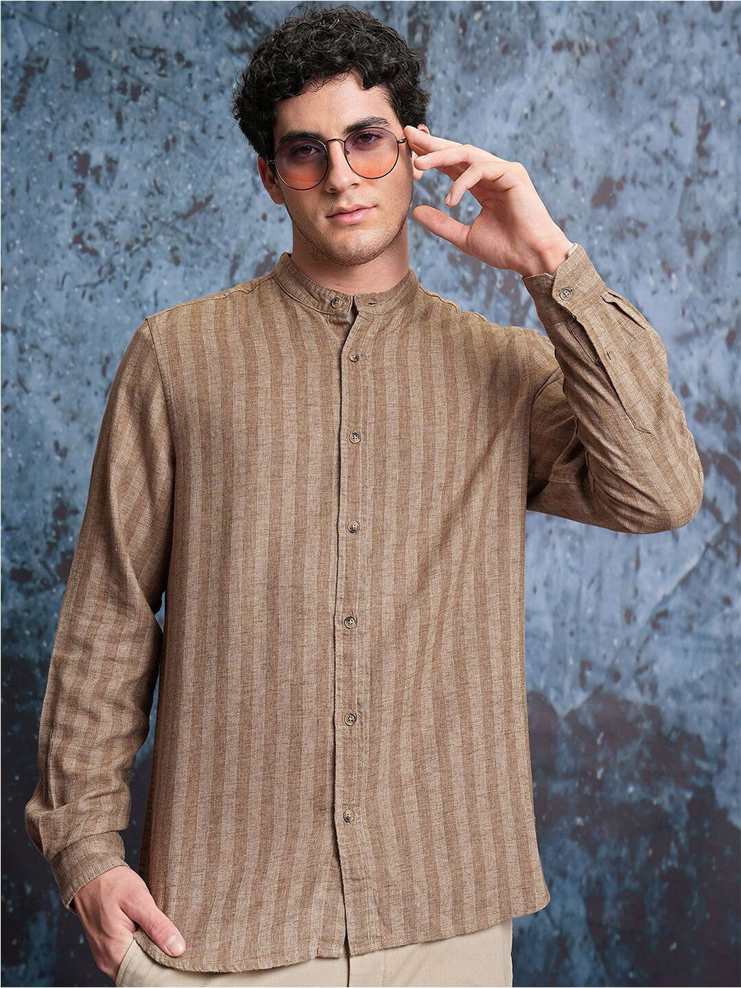 Locomotive Vertical Striped Band Collar Oversized Casual Shirt