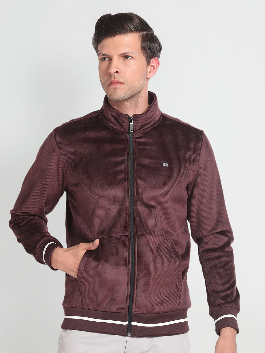 Arrow Sport Striped Mock Collar Long Sleeve Zip Detail Bomber Jacket