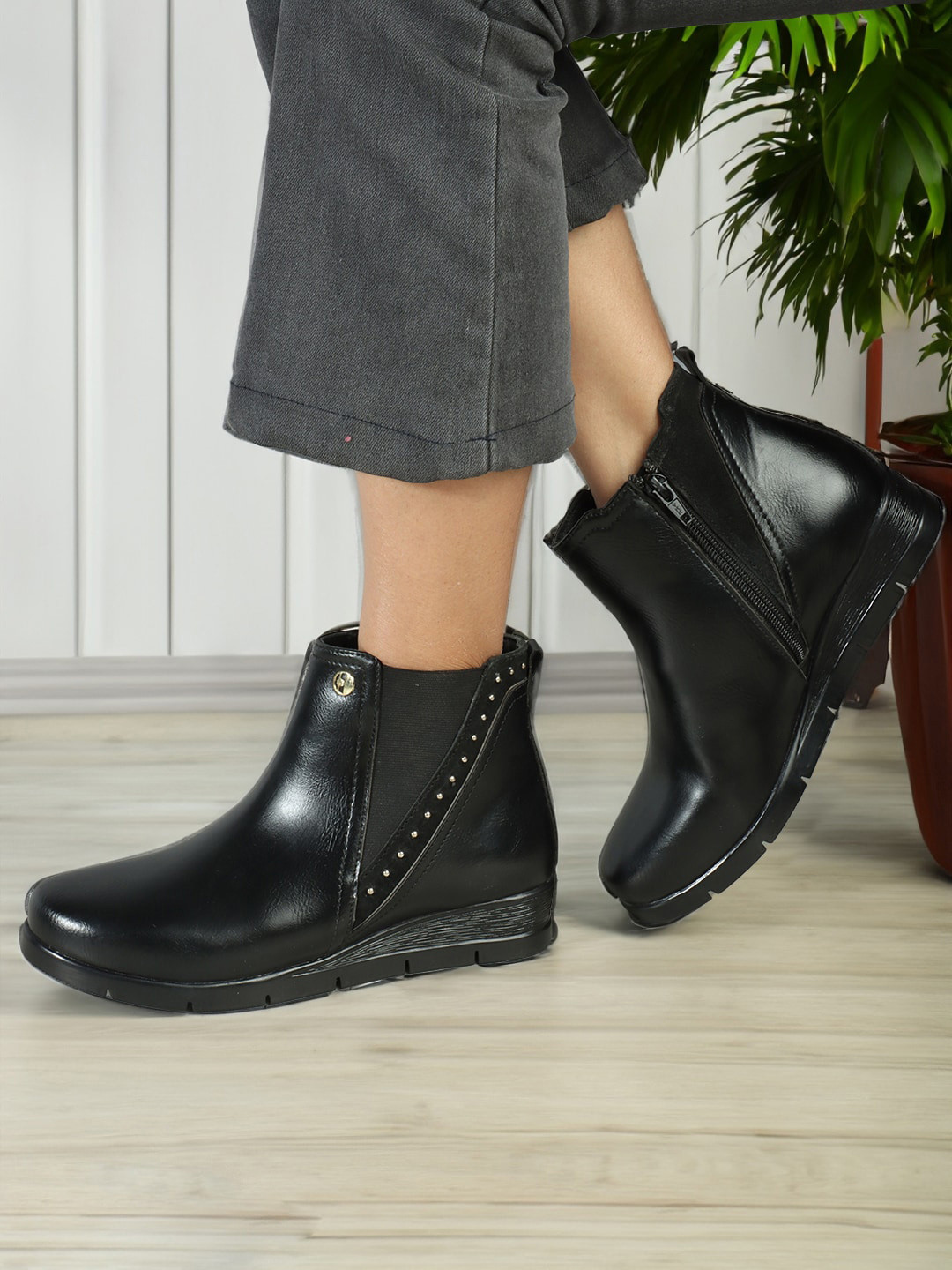 ELLE Women Studded Leather Mid-Top Chelsea Boots