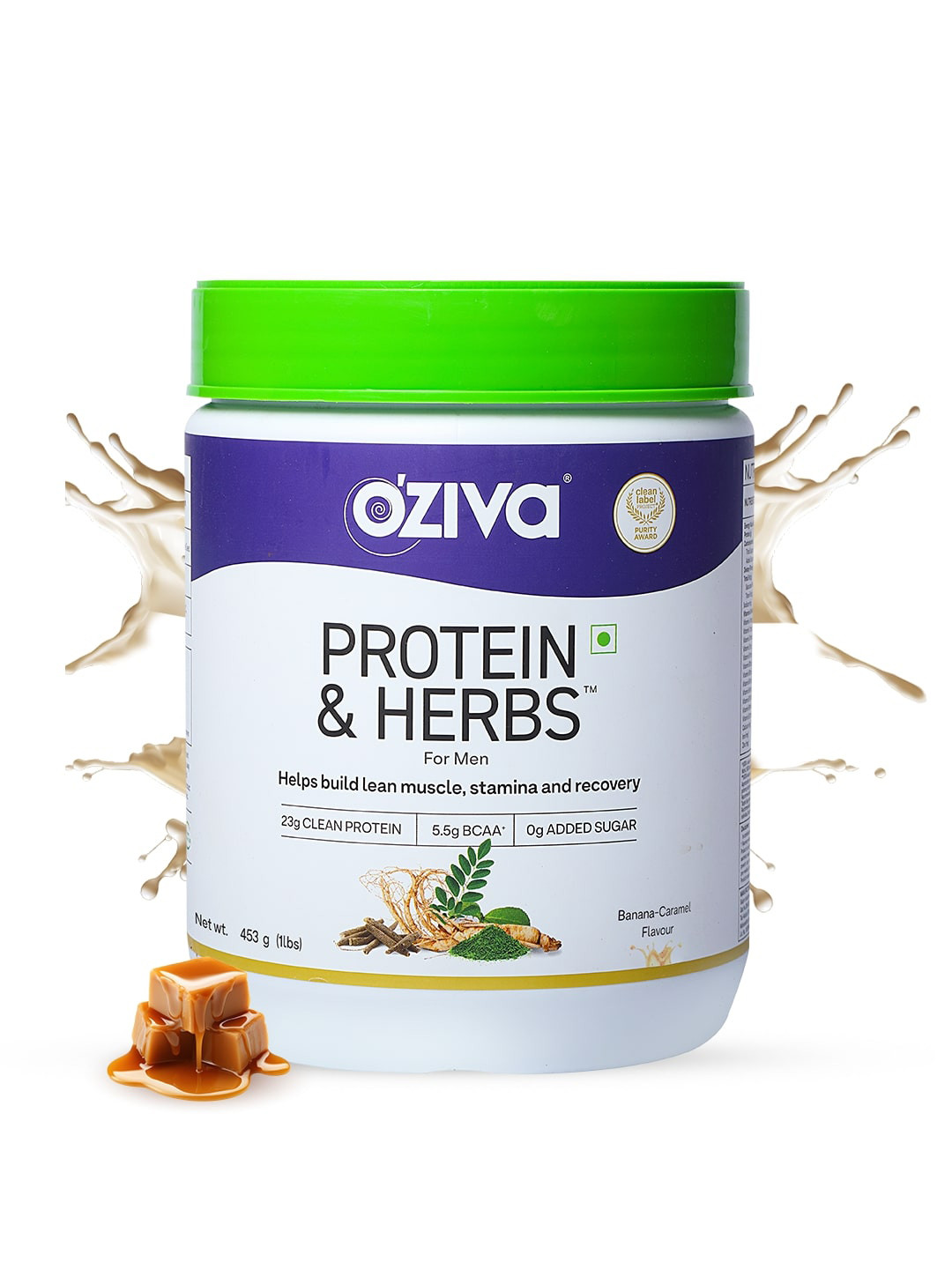 OZiva Men Protein & Herbs for Lean Muscles & Stamina - Banana Caramel, 453g
