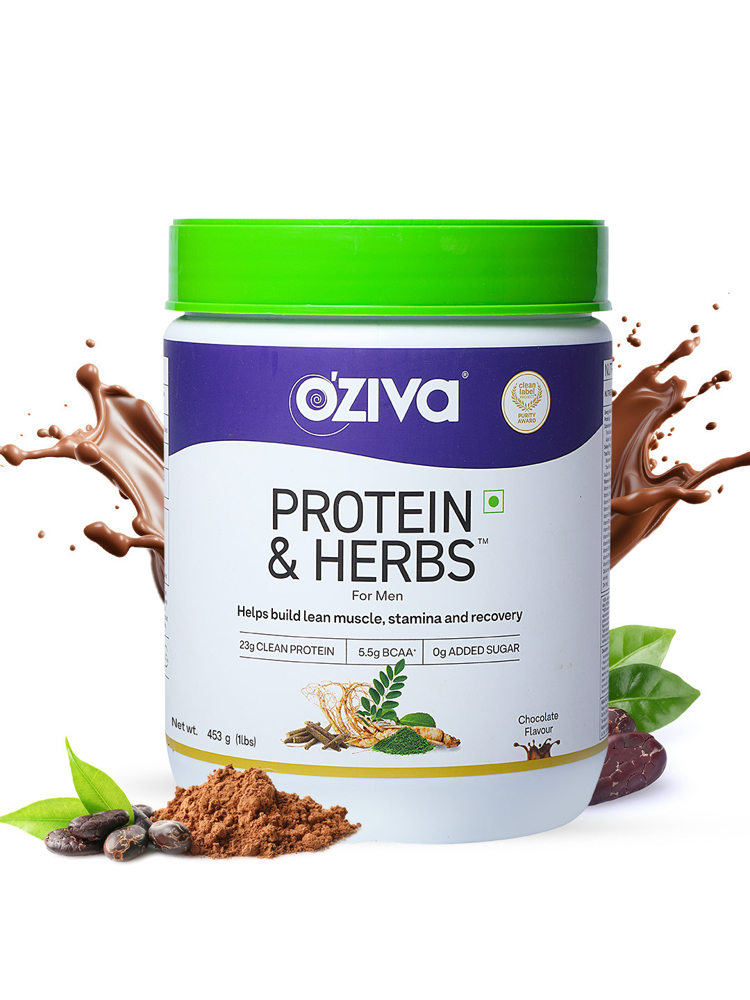 OZiva Men Protein & Herbs for Lean Muscles & Stamina - Chocolate, 453g