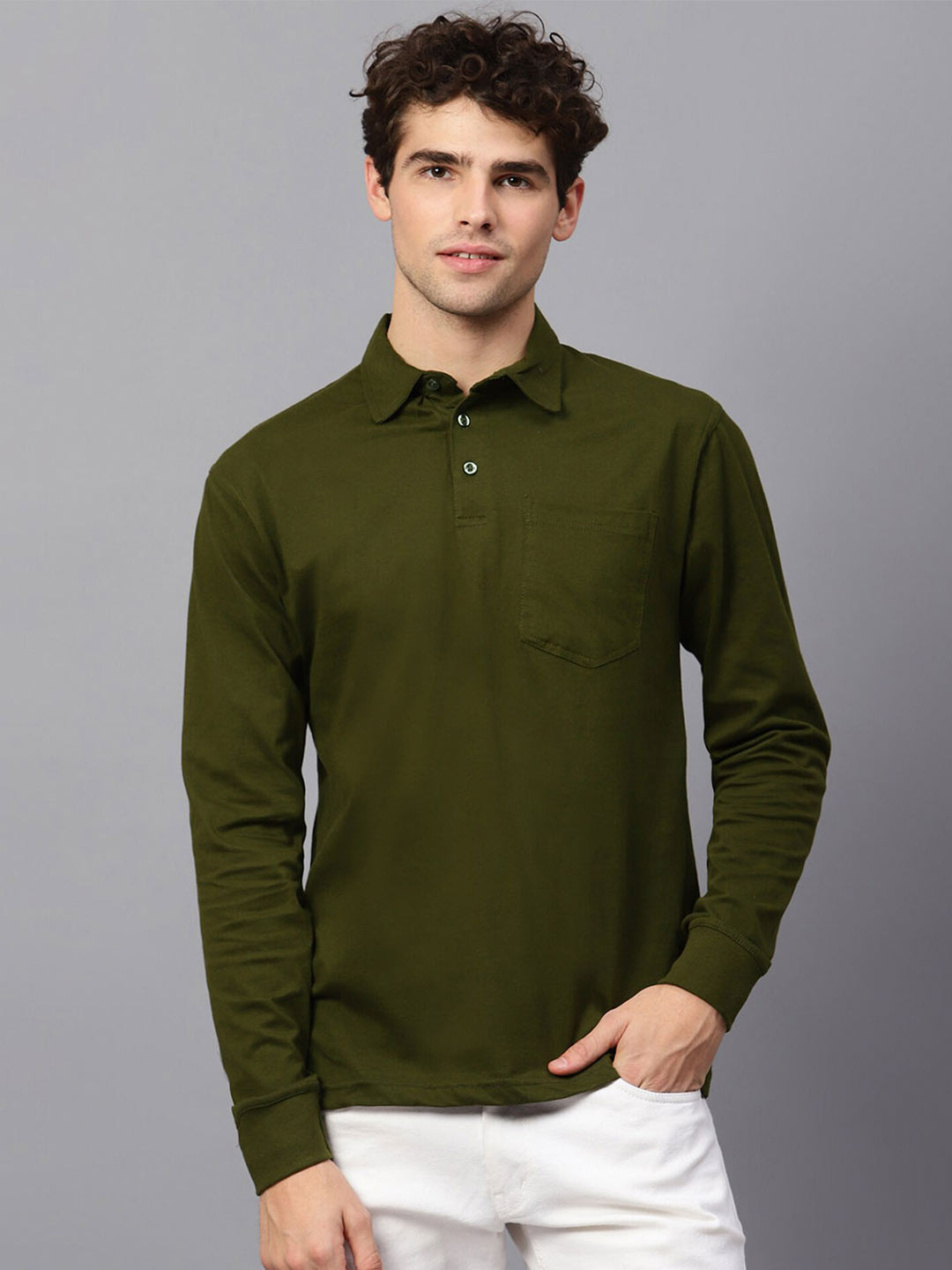 Fleximaa Polo Collar Long Sleeve Pocket Pure Cotton Regular Fit T-shirt
