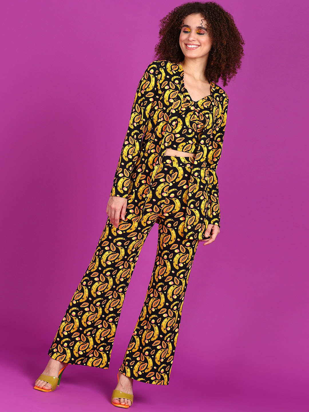 Popwings Conversational Printed V-Neck Top With Shrug & Bootcut Trousers