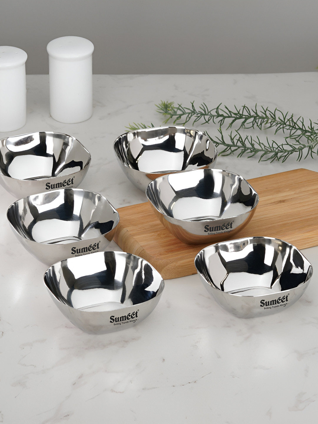 Sumeet  6 Pieces Stainless Steel Mirror Finish  Apple Square Bowls 200 ml Each
