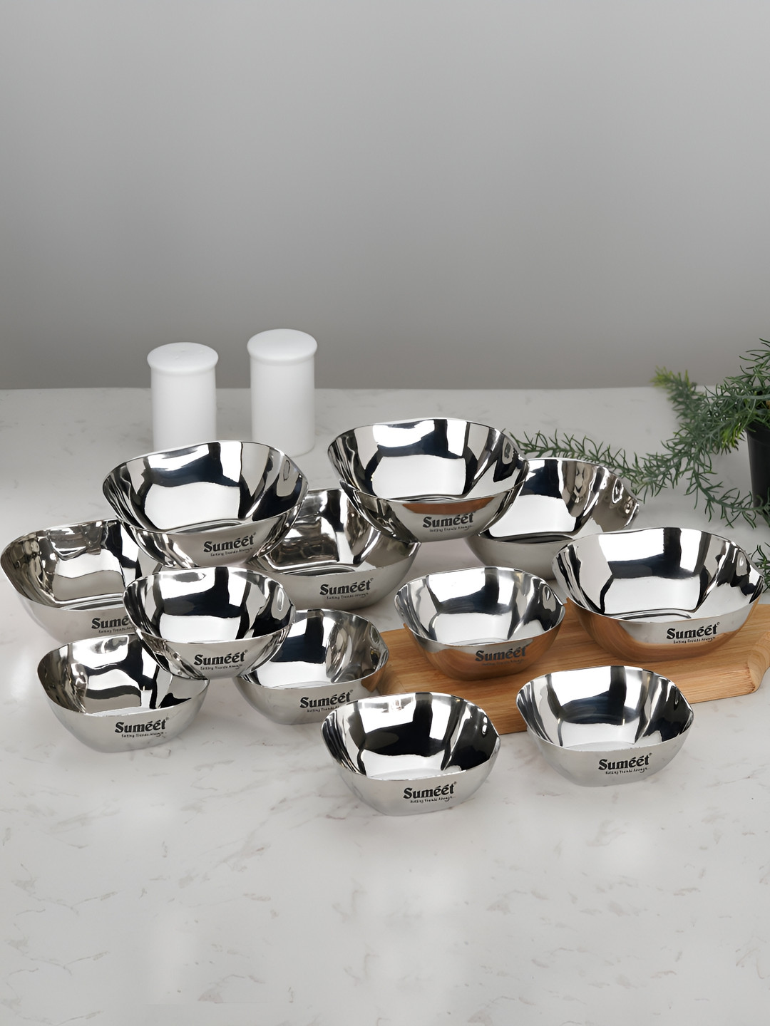 Sumeet 12 Pieces Light Weight Stainless Steel Square Shape Glossy Bowls