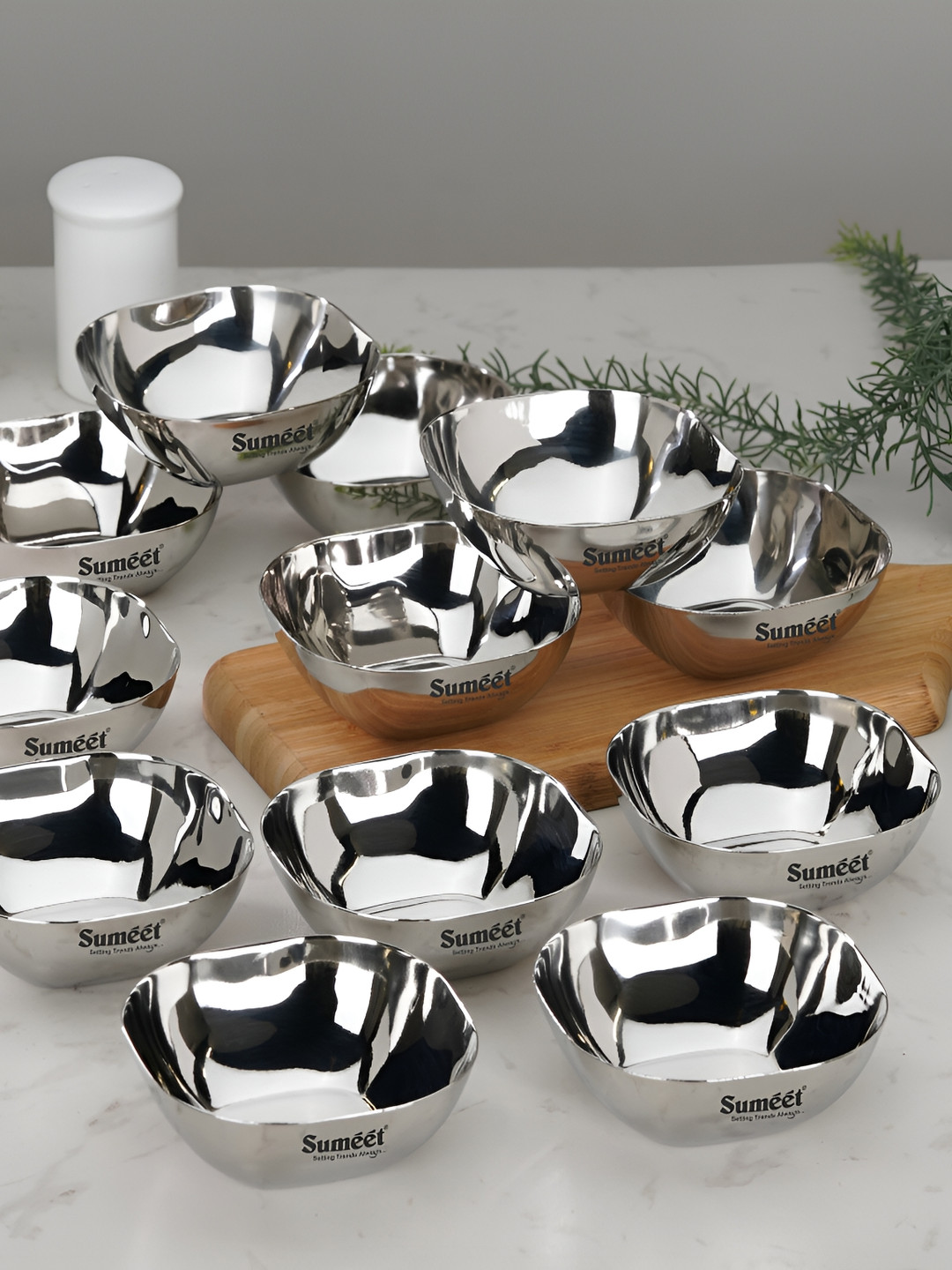 Sumeet 12 Pieces Light Weight Stainless Steel Square Shape Glossy Bowls