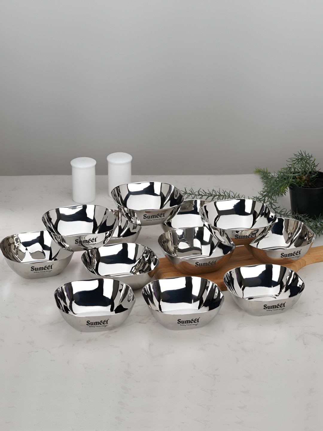 Sumeet 12 Pieces Light Weight Stainless Steel Square Shape Glossy Bowls