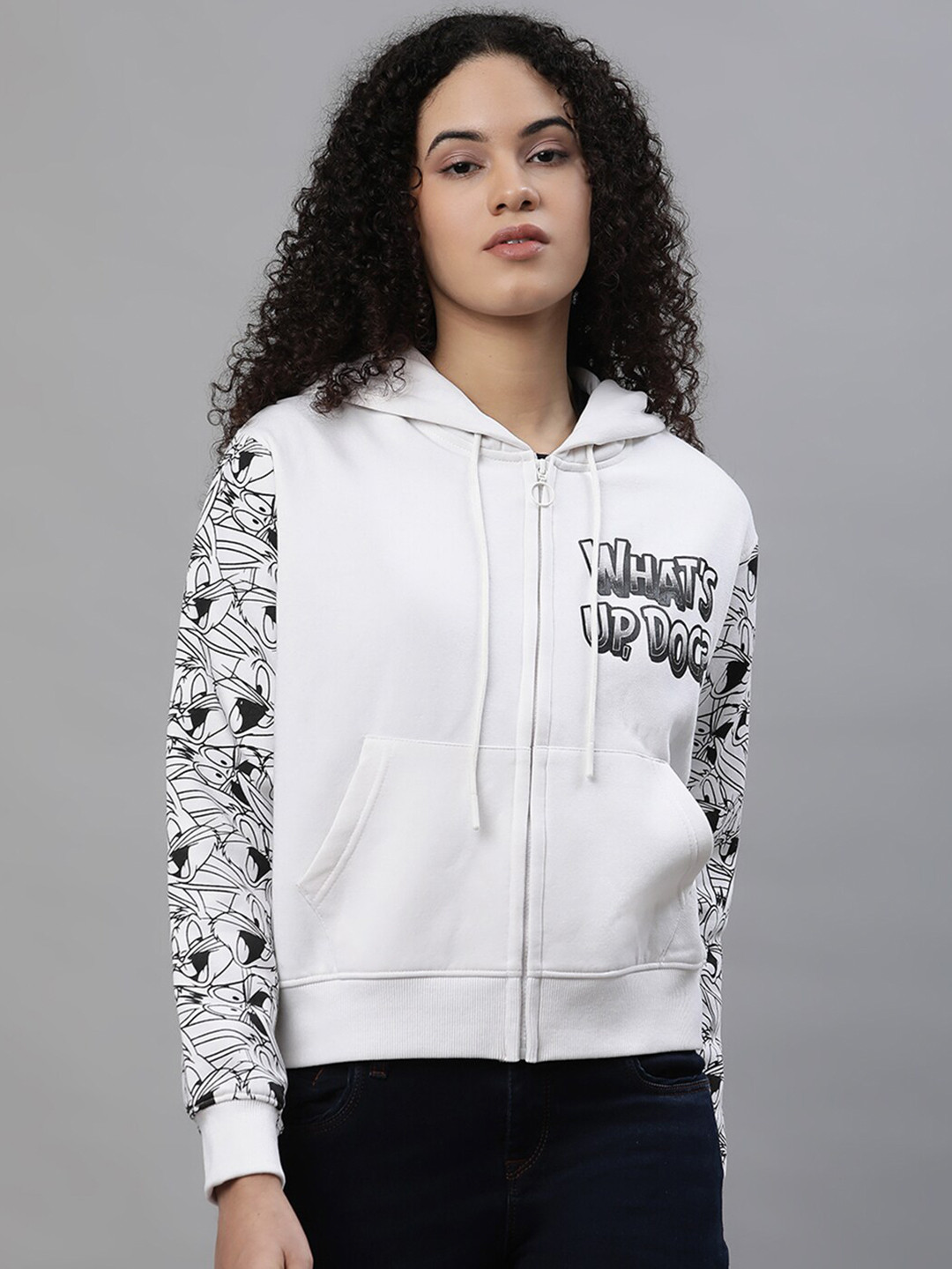 Free Authority Looney Tunes Printed Hooded Long Sleeves Cotton Front-Open Sweatshirt