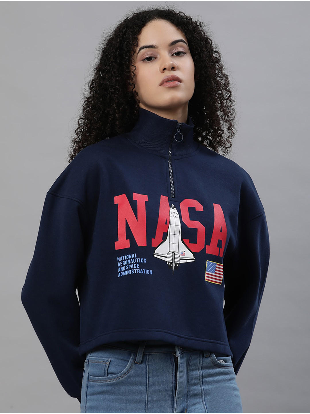 Free Authority NASA Printed High Neck Long Sleeves Cotton Pullover Sweatshirt