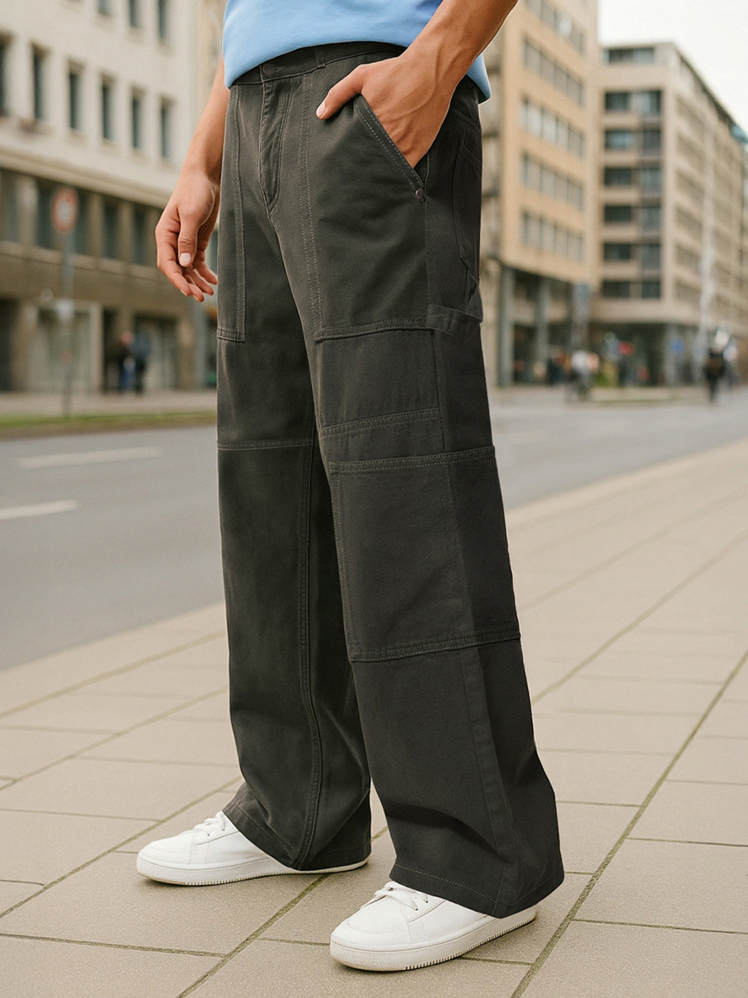 Bewakoof Men's Olive Baggy Carpenter Mid-Rise Jeans