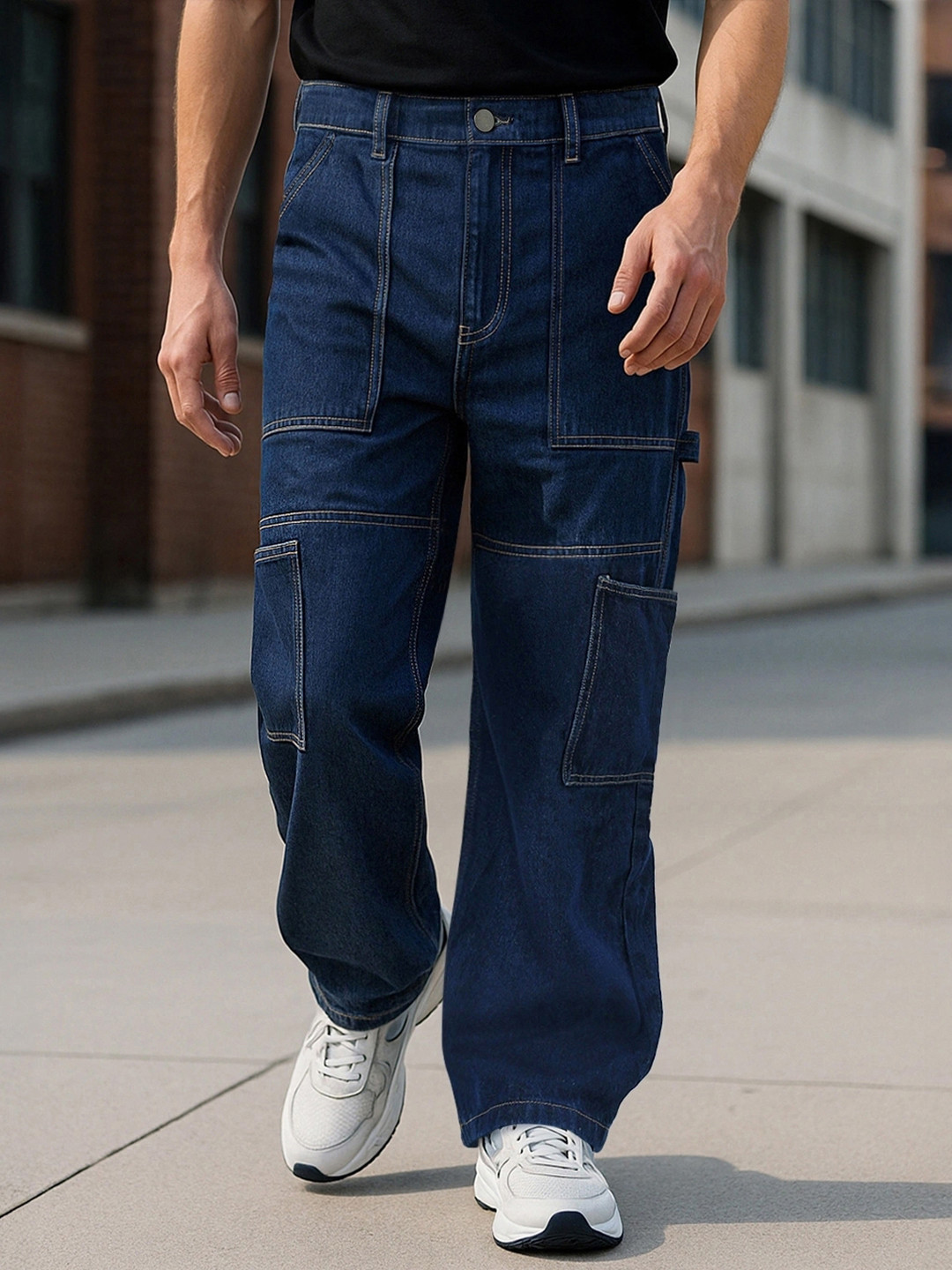 Bewakoof Men's Blue Baggy Carpenter Mid-Rise Jeans