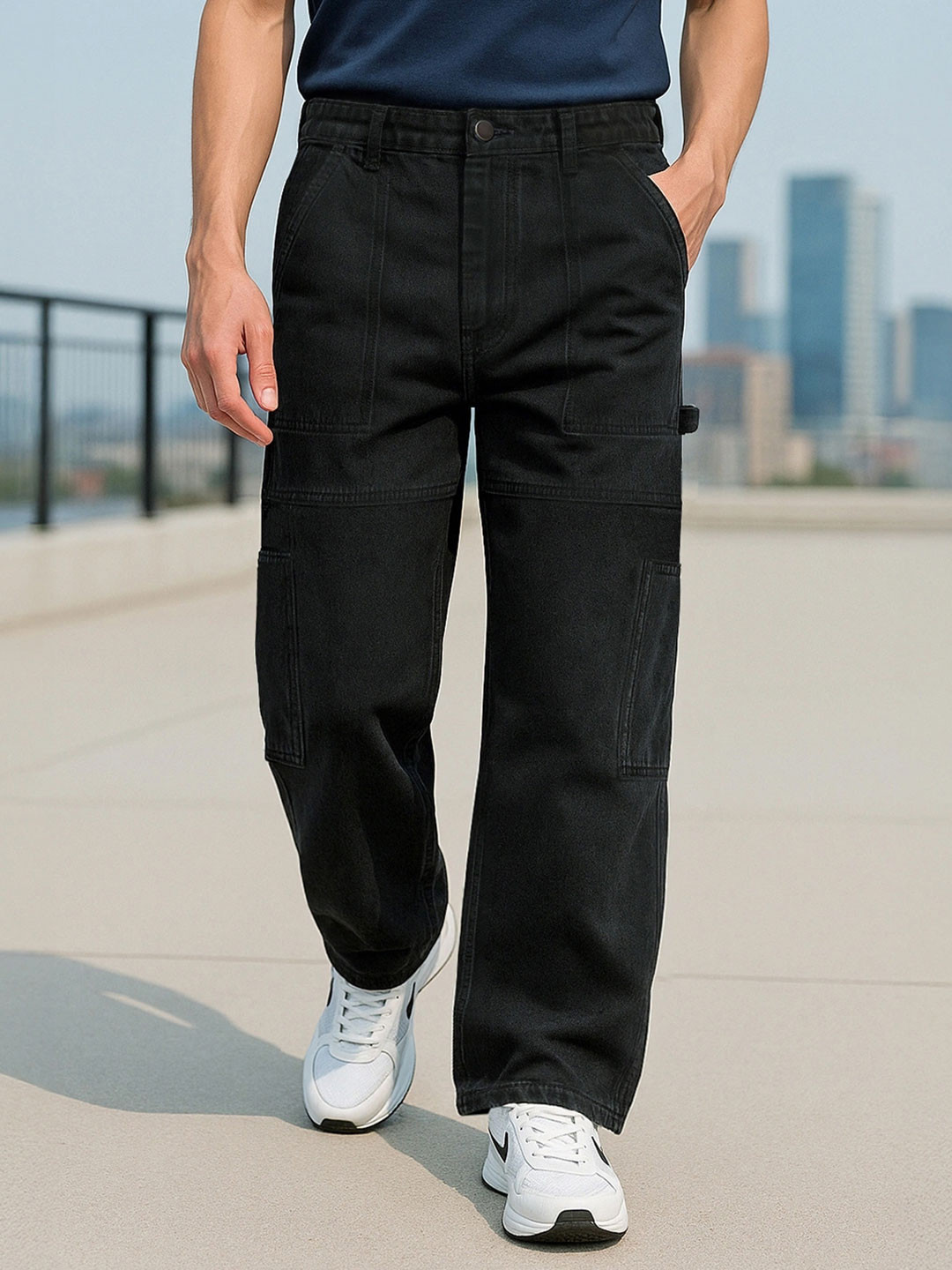 Bewakoof Men's Black Baggy Carpenter Mid-Rise Jeans